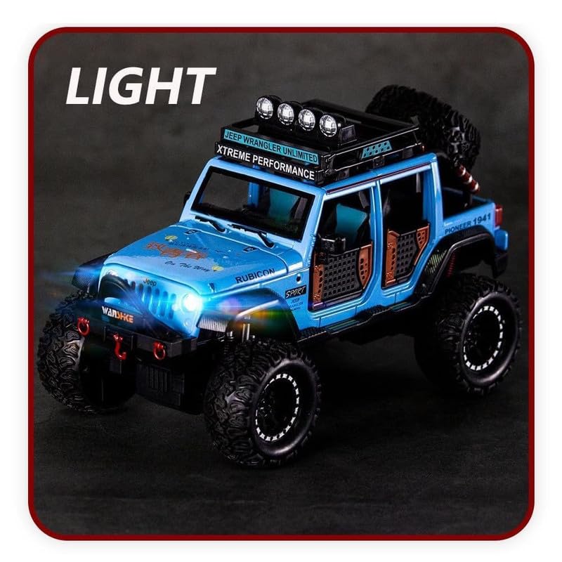 RJKD New 1:24 Jeep Wrangler Rubicon Alloy Die-Cast Metal Car Pull-Back Action with Openable Doors Realistic Sound and Light Effects Car for Kids - Multi 4
