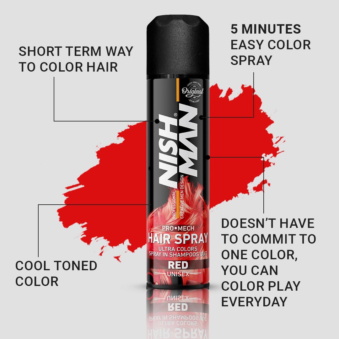 Nishman Professional Hair Color Spray | Cruelty, Peroxide & Ammonia Free |Suitable For Daily Use | Unisex Temporary Hair Color - Red | 150 ML 5