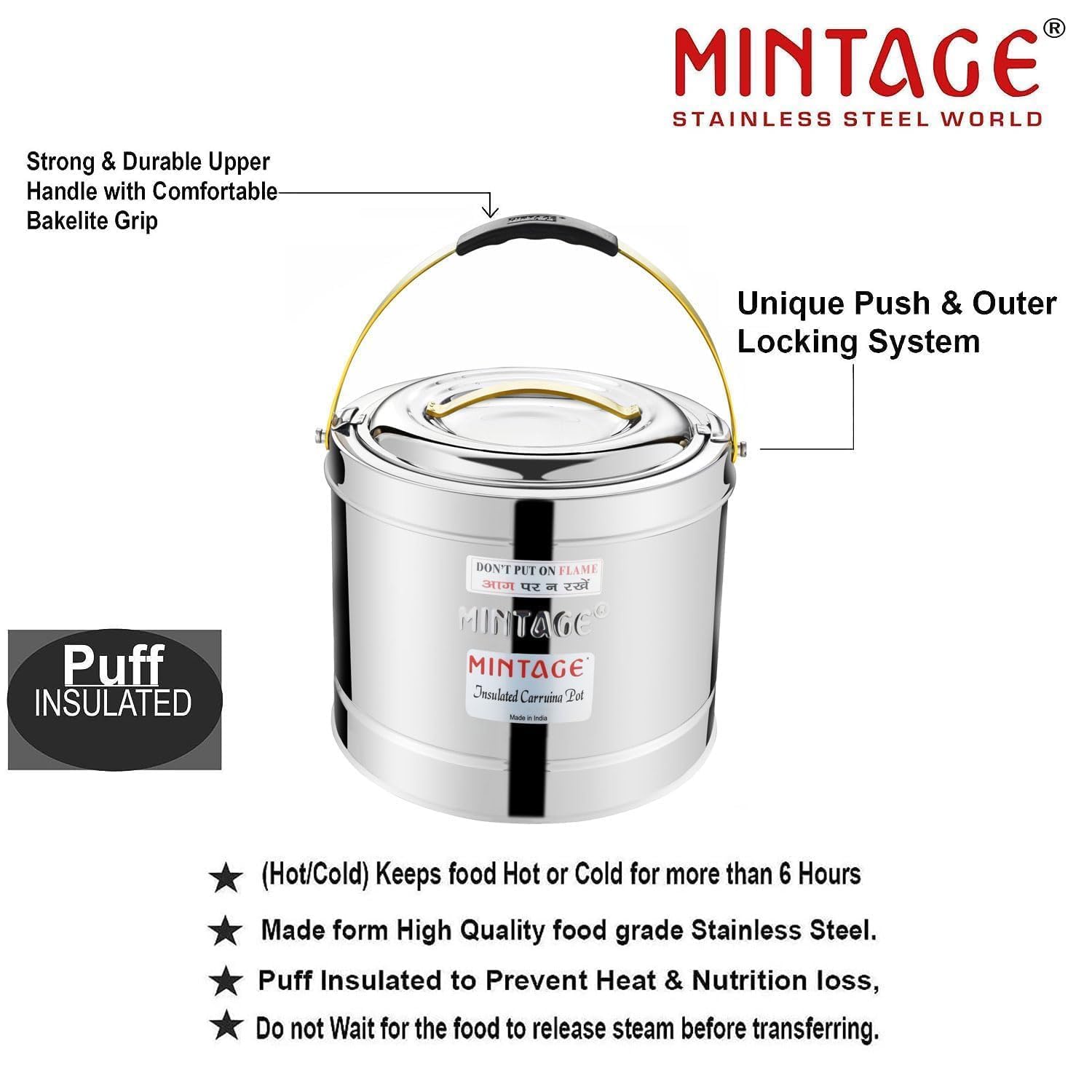 Mintage Stainless Steel Sambar Pot 5L with Free 200ml Leakproof Lunch Box Insulated Hot Pot Casserole for Cooking Durable Container Ideal for Indian Cooking Hotel Restaurant Canteens Travel Picnic 4