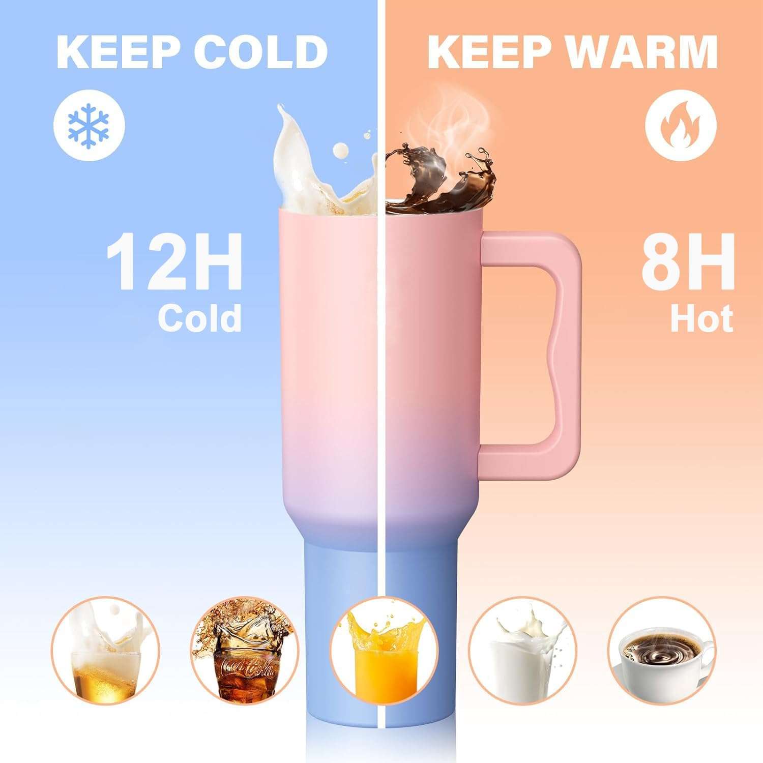 House of Quirk 1200ML Stainless Steel Tumbler Hot and Cold with Handle and Lid 2 Straw, Double Insulated Cup Leak Proof Mug Cupholder for Gym, Travelling (Cotton Candy Haze) 4