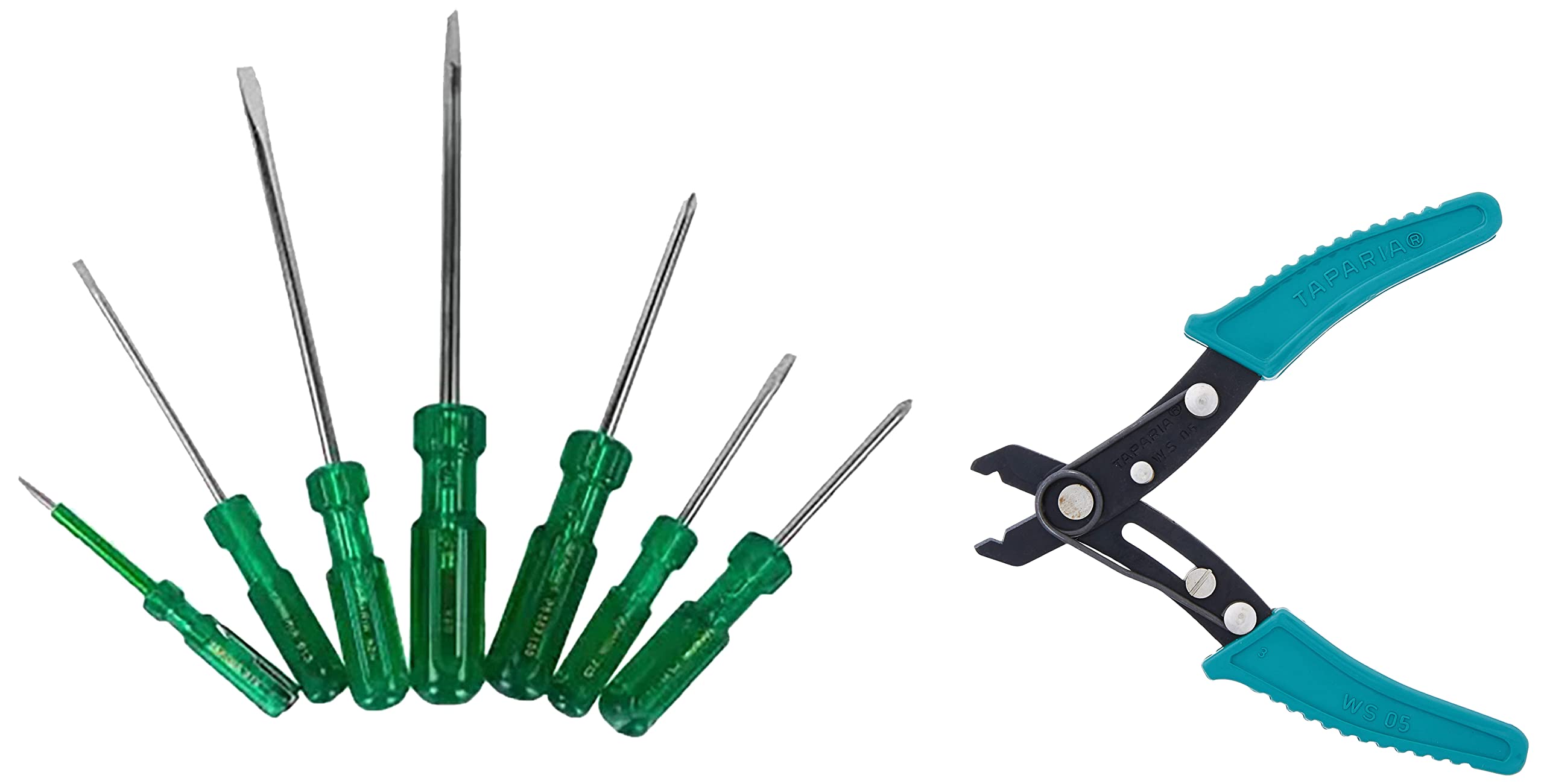 Taparia 1014 Blister Packaging Screw Driver Kit (7-Pieces), Green & Taparia WS 05 Steel (130mm) Wire Stripping Plier (Green and Black) 1