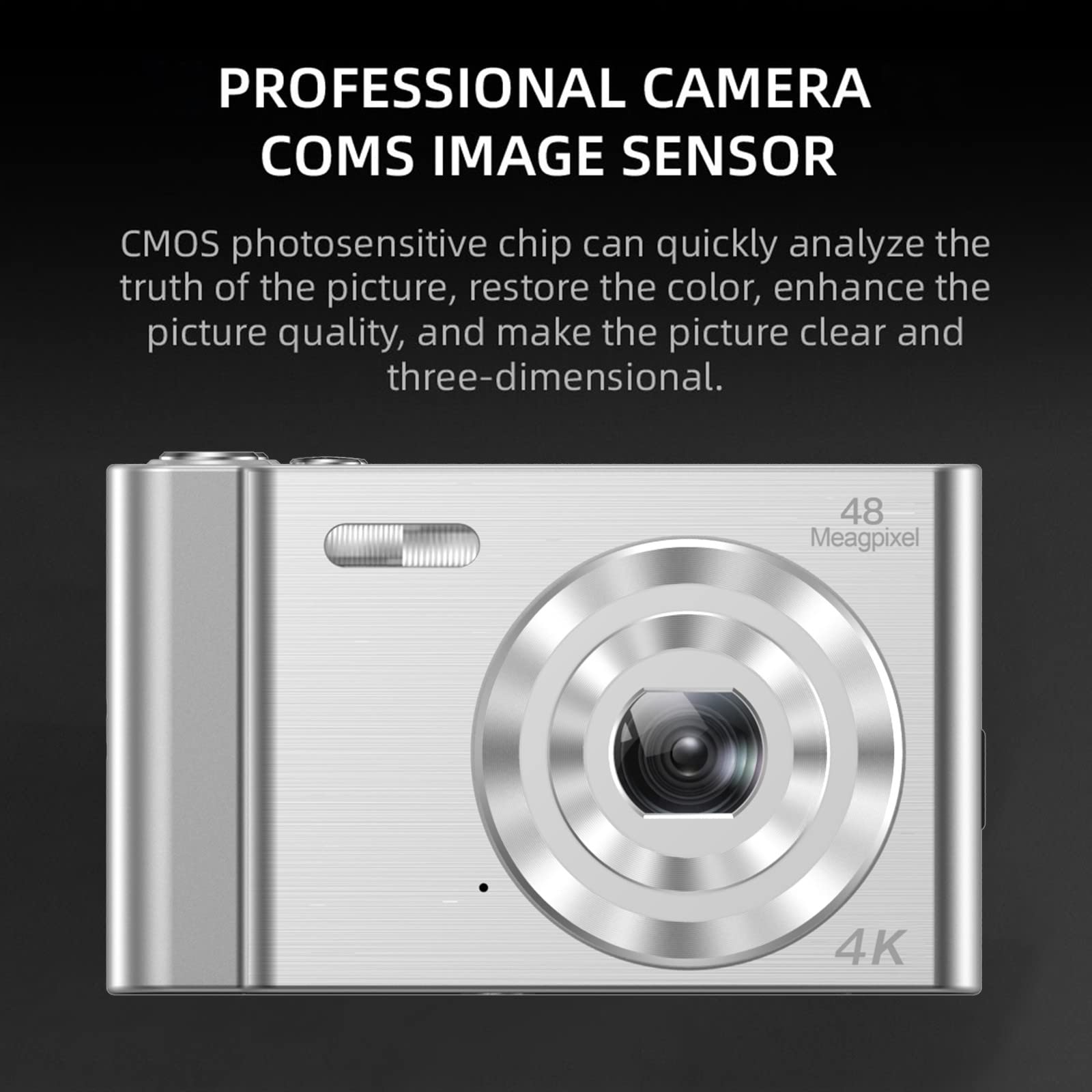 Digital Camera, 4K 48MP Compact Camera with 16X Digital Zoom, Portable Point and Shoot Digital Cameras with 32GB SD Card and Storage Bag for Boys Girls Teens Students (Silver) 3