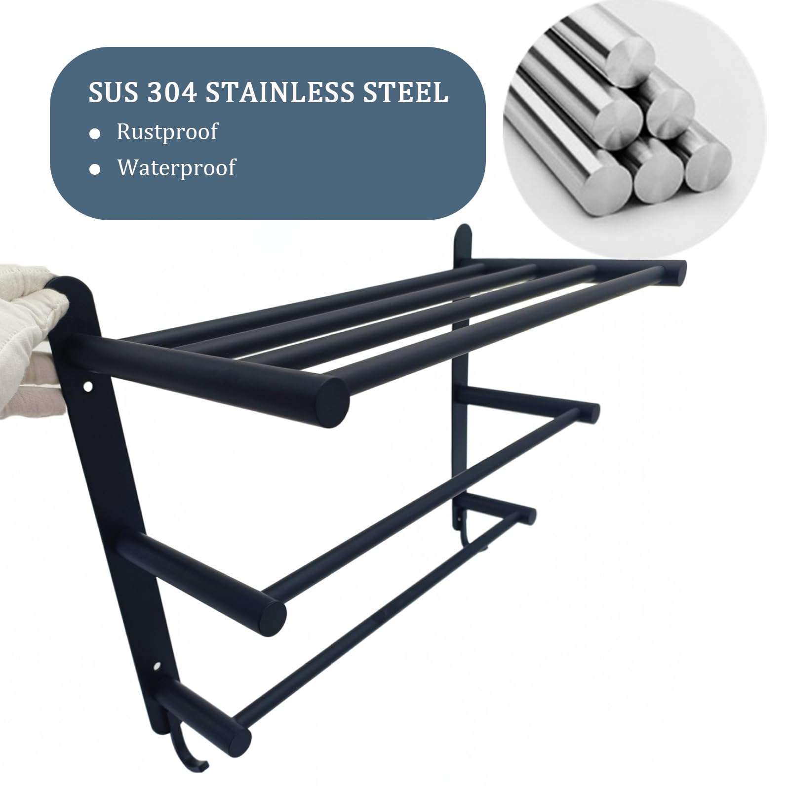 SEIDO 24 Inch 3-Tier Towel Rack, Rustproof 304 Stainless Steel Wall Mounted Shelf with Double Towel Bars & Hooks, Heavy Duty Space-Saver for Bathroom, Kitchen, RV - Matte Black 3