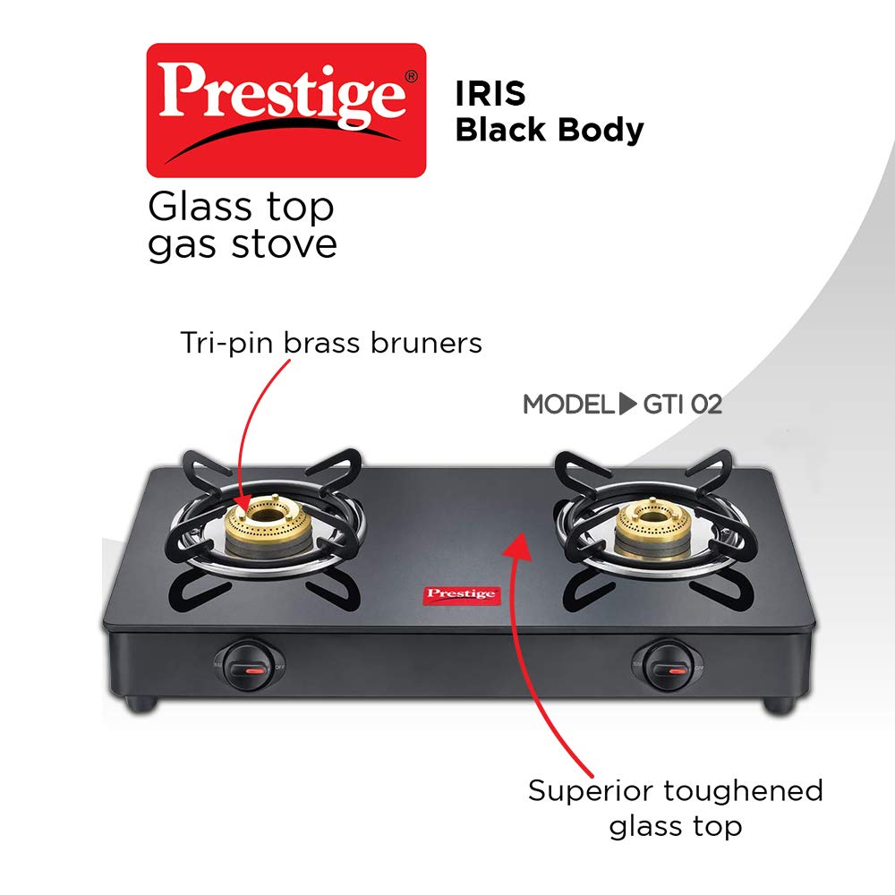 Prestige IRIS LPG Gas Stove, 2 Burner, Black, Powder coater Mild Steel with Glass Top, Manual 3