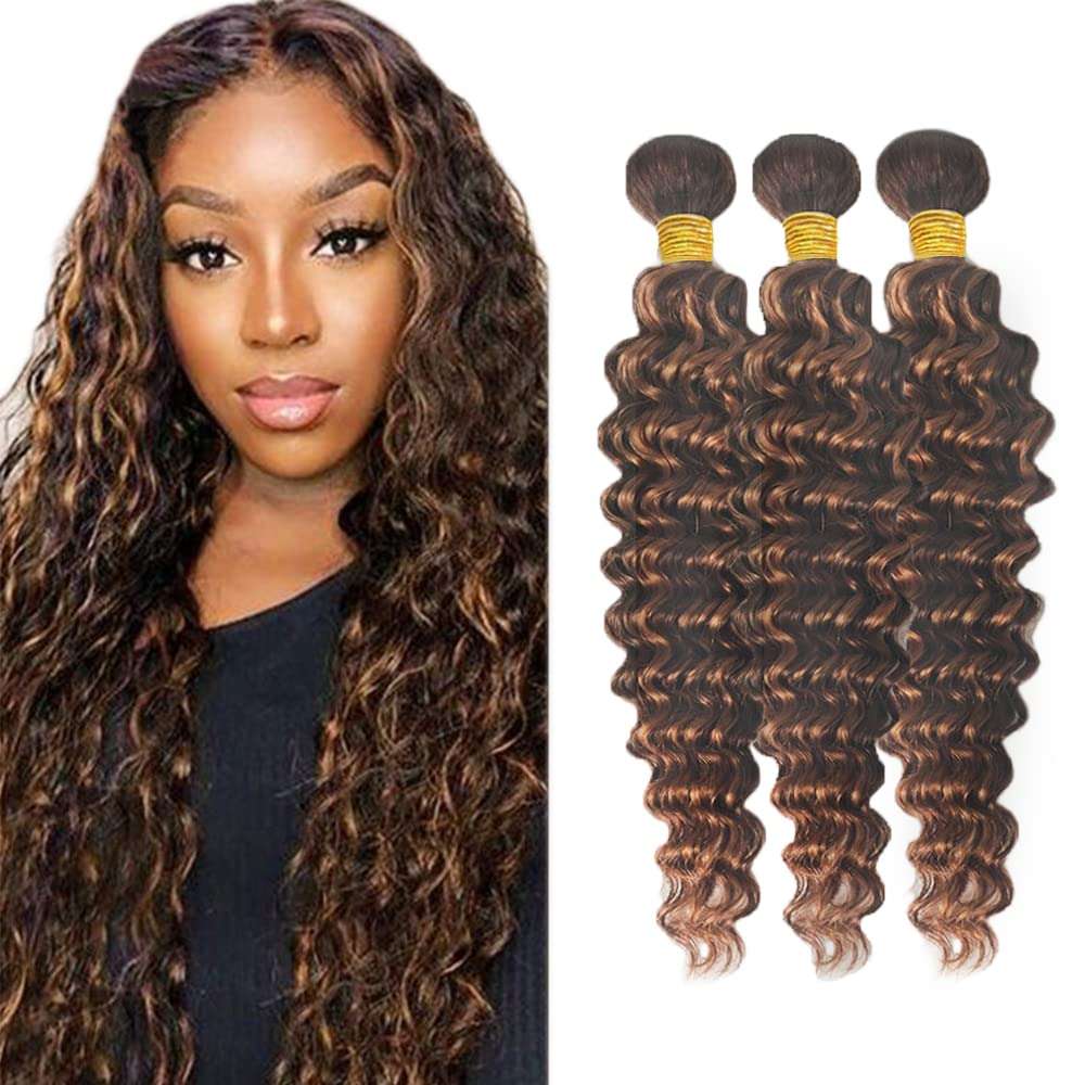 Freiuoke Brown Bundles Highlight Deep Wave Human Hair Bundles 28 28 28 Inch Brazilian Unprocessed Virgin Hair 3 Bundles Two Tone Light Brown Mixed With Auburn Bundles Human Hair P4/30 Bundles 1