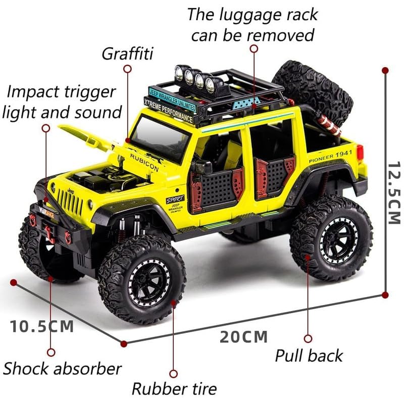 RJKD New 1:24 Jeep Wrangler Rubicon Alloy Die-Cast Metal Car Pull-Back Action with Openable Doors Realistic Sound and Light Effects Car for Kids - Multi 3