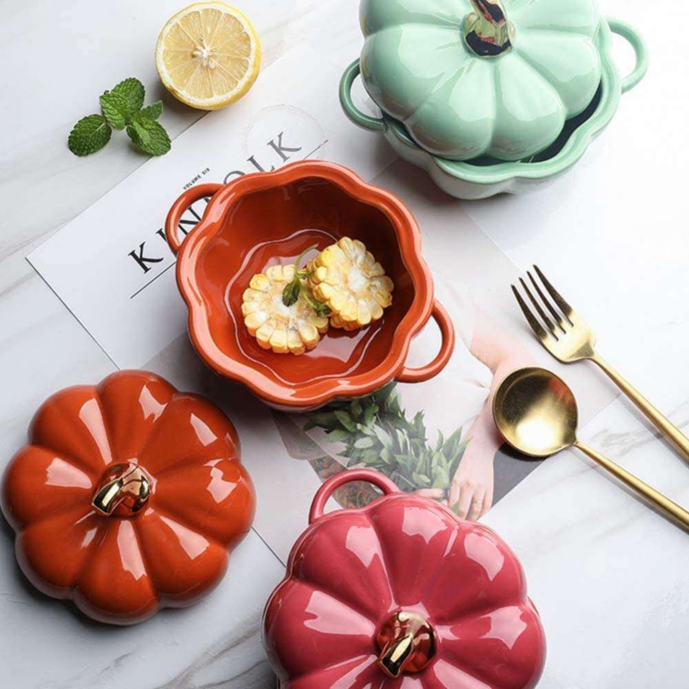 Mini Baking Dish Cute Pumpkin Bowl, Creative Personality Binaural Charcuterie Accessories Ceramic Baking Tableware Dessert Fruit Soup Bowl,-White Milk Pans Kitchenware (Color : Orange) (Green) 6