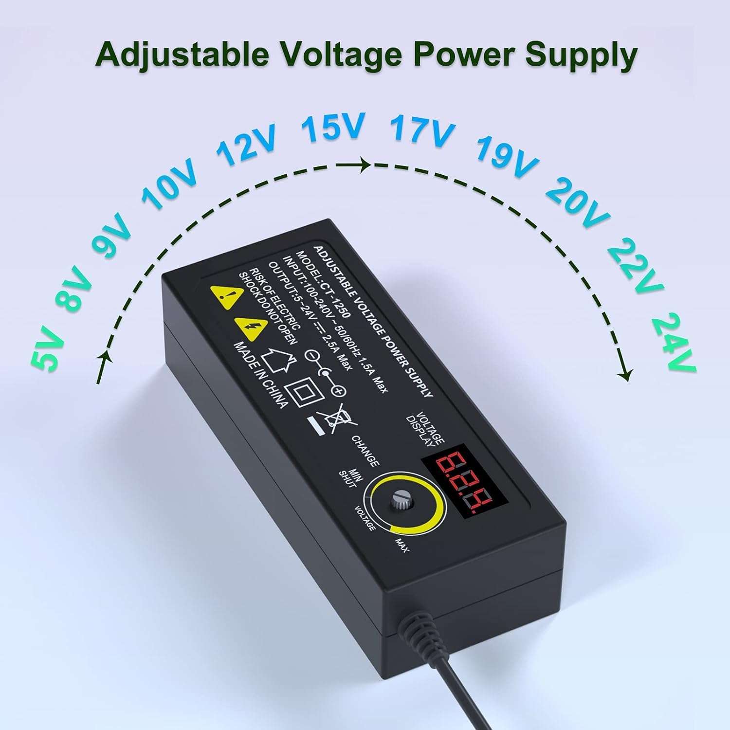 60W Adjustable Volt 24V Power Supply AC to DC Switching 5V 6V 9V 12V 15V 17V 18V 19V 20V 24V with LED Voltage Display, Includes 10 Tips & Polarity Converter Cable 6