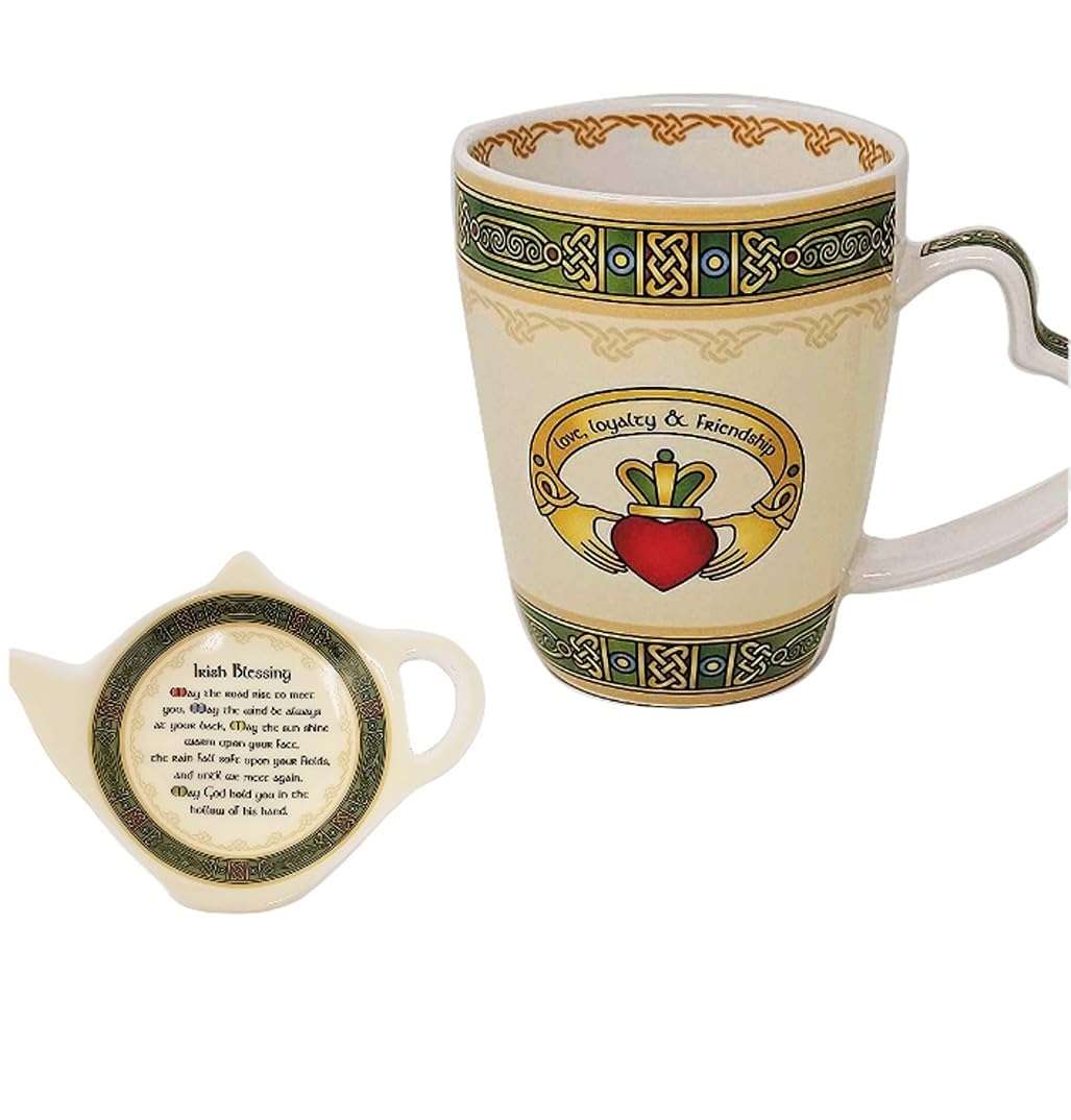 Royal Tara Irish Claddagh Celtic Set - Coffee Mugs, Irish BlessingTea Bag Holders, Tin of 50 Tea Bags - Made in Ireland Gift (Mug and Tea Bag Holder) 1