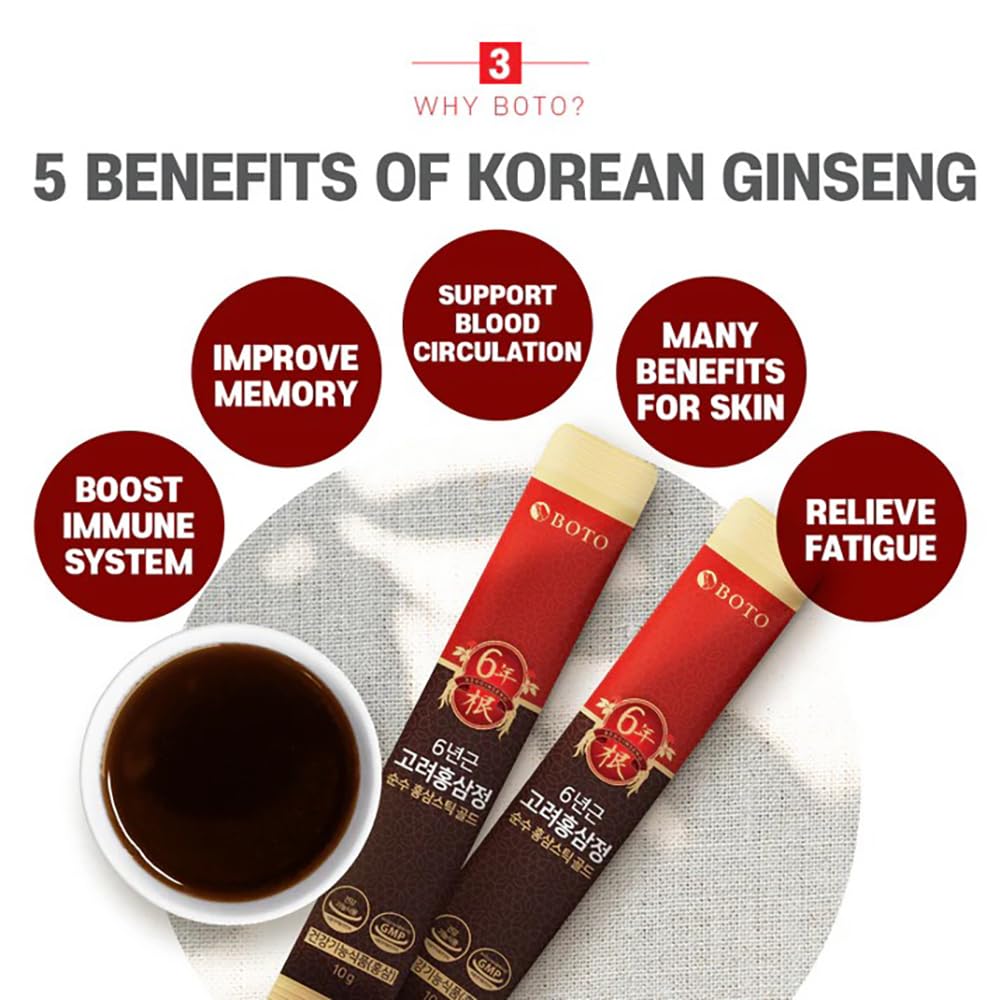 BOTO 6 Year Korean Red Ginseng Extract Pure Stick Gold | Premium Korean Ginseng Supplement for Daily Vitality | 100 Sachet. 6