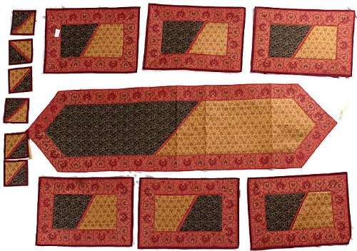 Exotic India Thirteen Piece Tri-Color Banarasi Dinner Set with Golden Thread Weave and Brocaded Bord 1