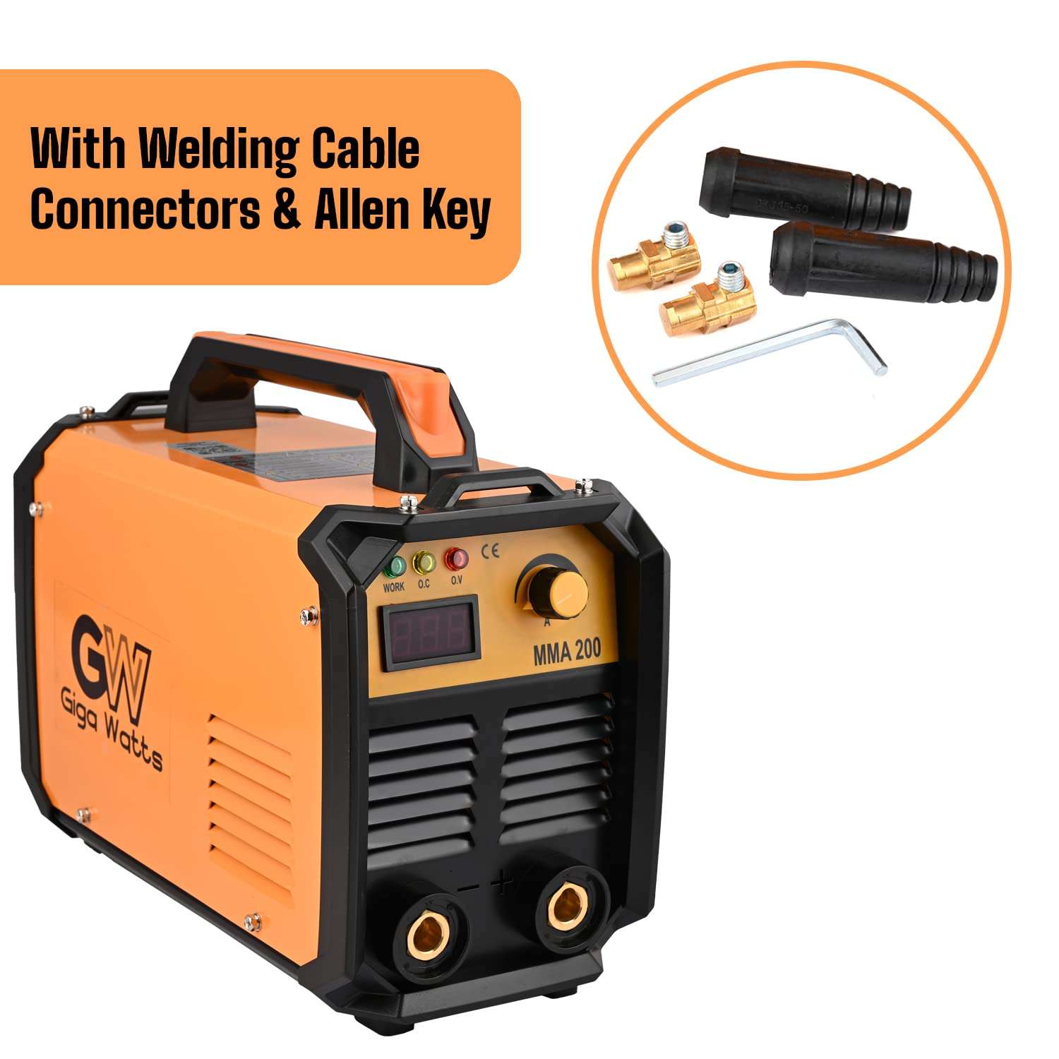 GIGAWATTS XLNT 200A O SIBIT Display Welding Machine Portable, Compact Design Welder, Anti-Stick Welder With Joint Quick Connectors, Plug Adapter & Socket (Orange & Black) 3