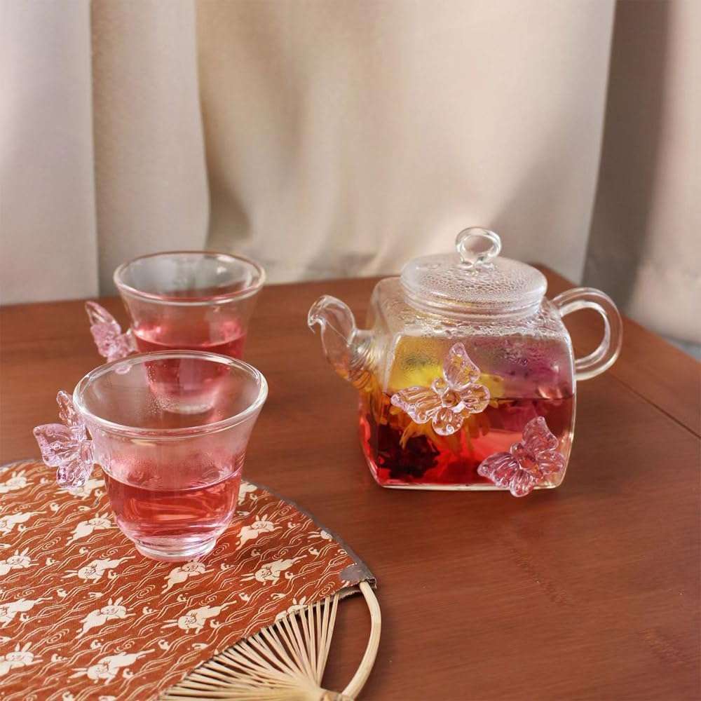 Gipibox®Glass Tea Pot Butterfly Design with Glass Tea Cup Set | Large Capacity Transparent Tea Kettle with Lid &Handle | Great for Loose Leaf Tea, Blooming Tea & Fruit Infused (500ml Tea Pot+2 Cup) 4