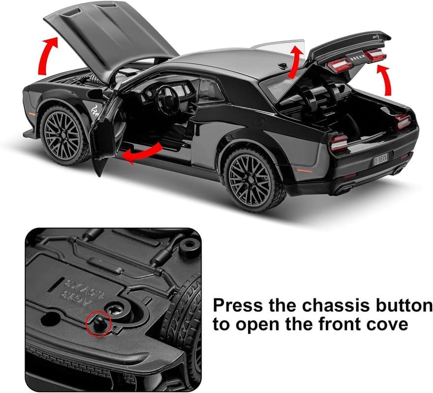 RJKD New 1:24 Dodge Challenger Alloy Die-Cast Metal Car Pull-Back Action with Openable Doors Realistic Sound and Light Effects Car for Kids - Black 4