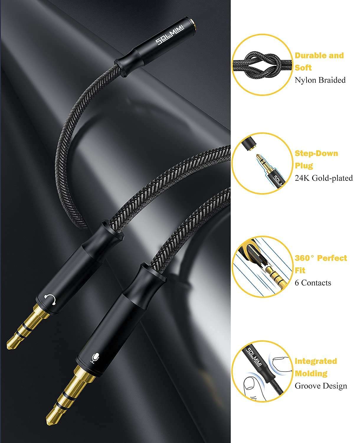 Bundle SOLMIMI Headset Splitter Cable with Crystal-Nylon Braid Headset Splitter Adapter 1FT 3