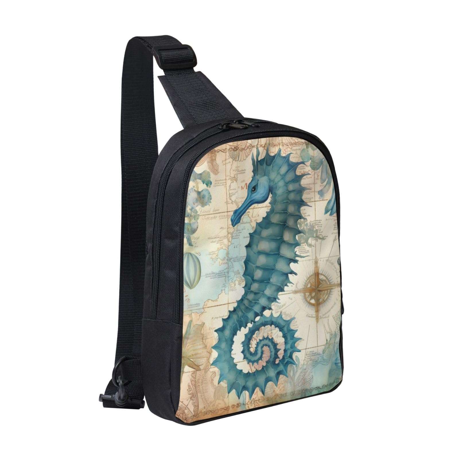 Seahorse Compass Map Casual Crossbody Backpack Sea Animals Sling Bag Lightweight Chest Bag Daypack Adjustable Shoulder Bag For Men Women Travel Hiking Outdoor 1