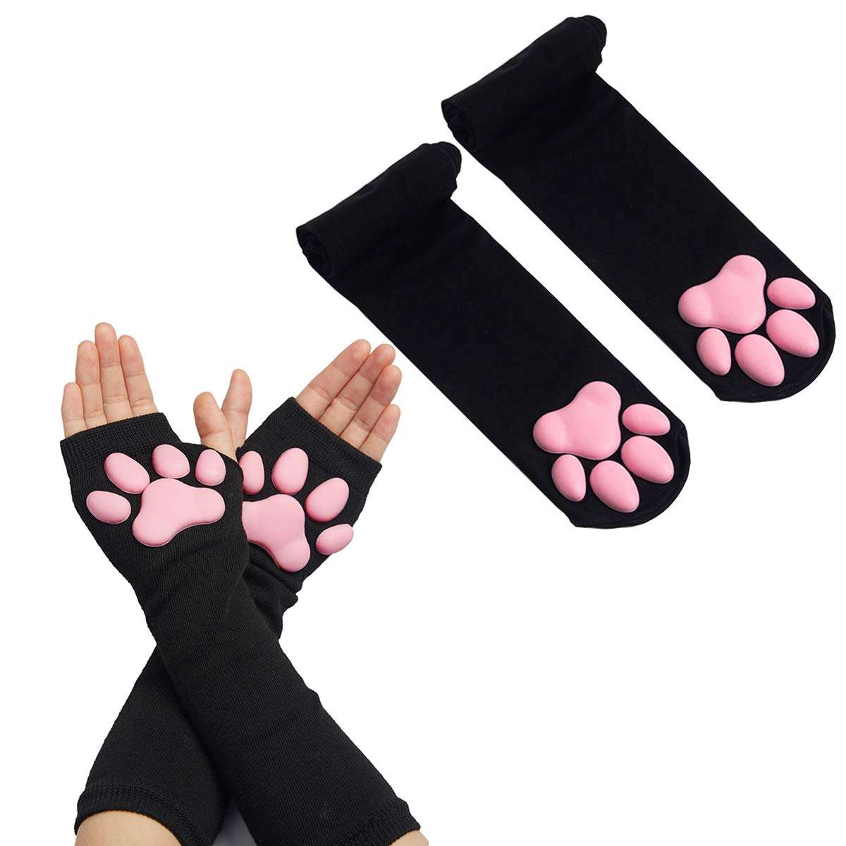Cat Paw Thigh High Socks Golves, Cute Soft 3D Toe Beans Socks Mittens Kitten Claw Pad Stockings for Girls Women Cat Cosplay Party Costume 1