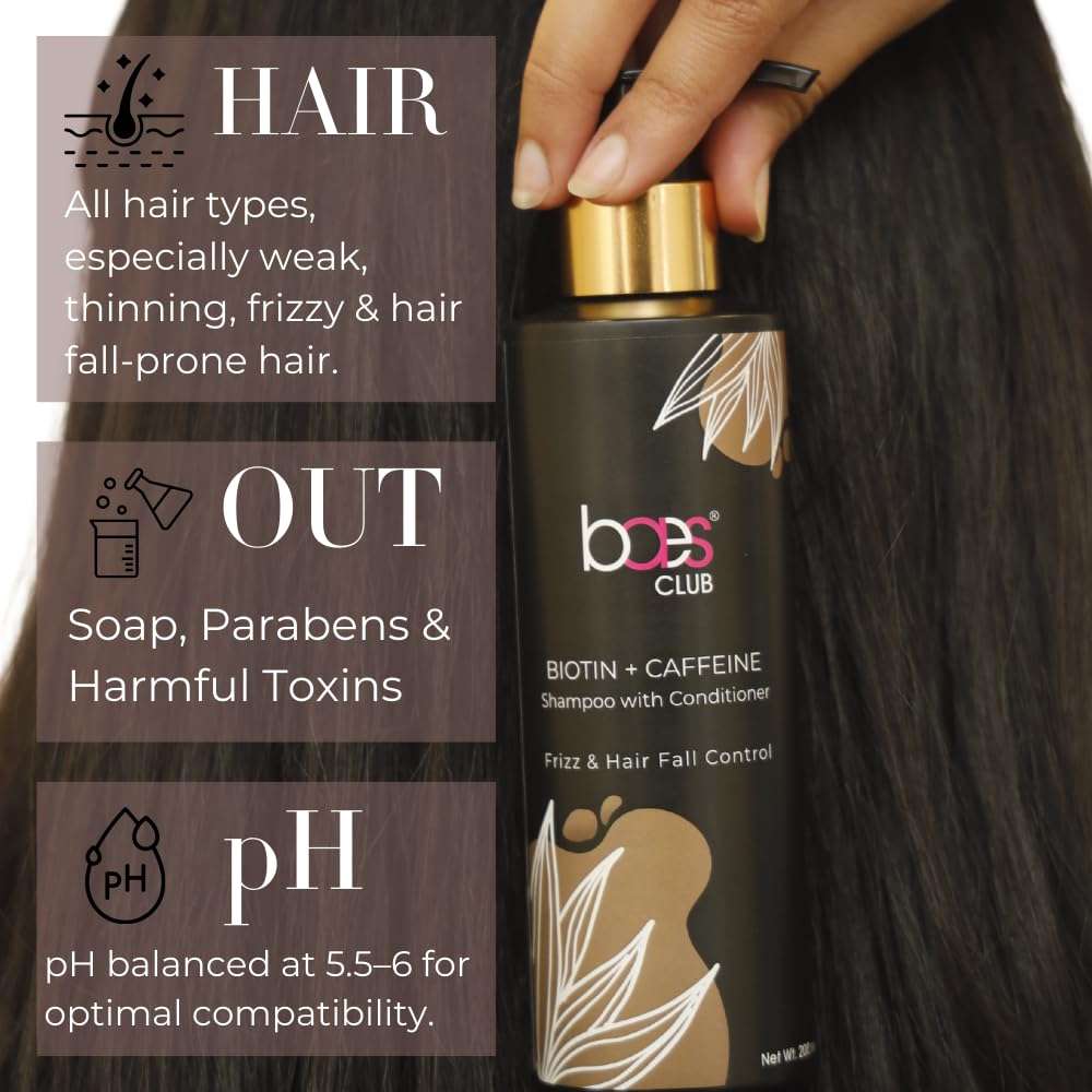 Baes Club's Biotin + Caffeine Shampoo with Conditioner | 2-in-1 shampoo with conditioner | Thicker, Shinier & Healthier Hair | 100% Vegan, Parabens Free & Soap Free – 200 ML 5