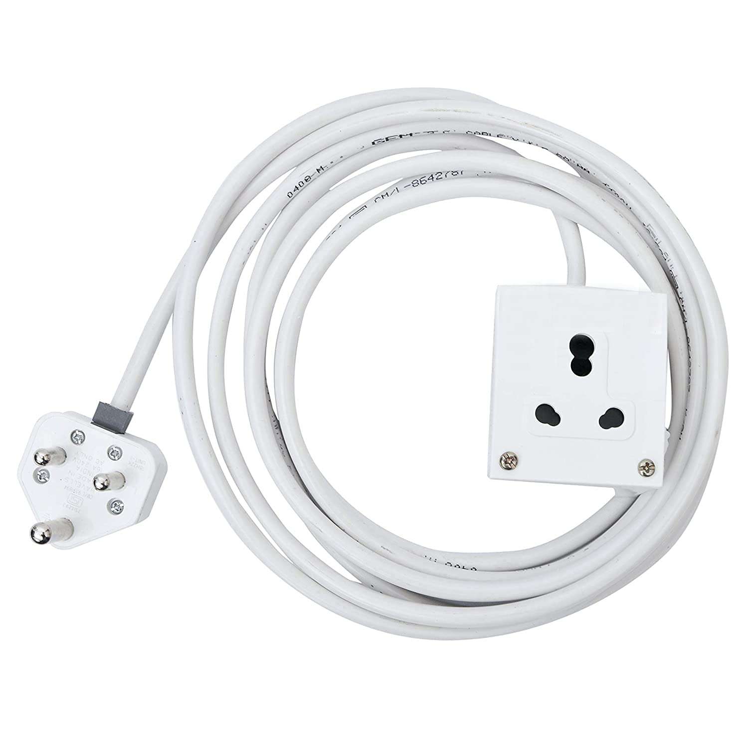 DishGo Extension Board 1 Single Socket 15A 16A 2 Meter 1.5 mm Long Wire Cable Cord with 15 16 Amp Big Power Plug (Polycarbonate)(White) (2 Meter) 1