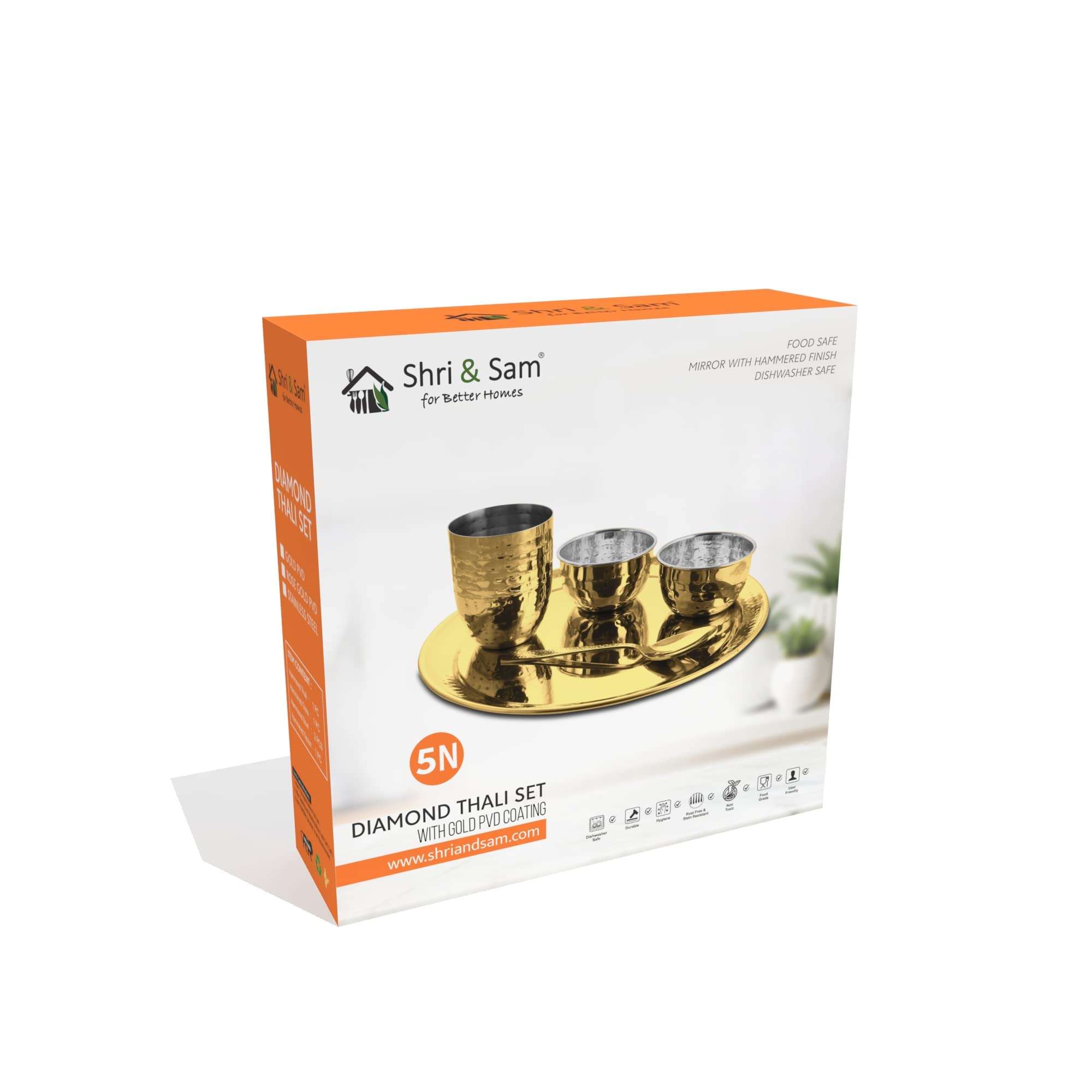 Shri & Sam High Grade Stainless Steel Diamond Hammered Gold Thali Set with PVD Coating 5