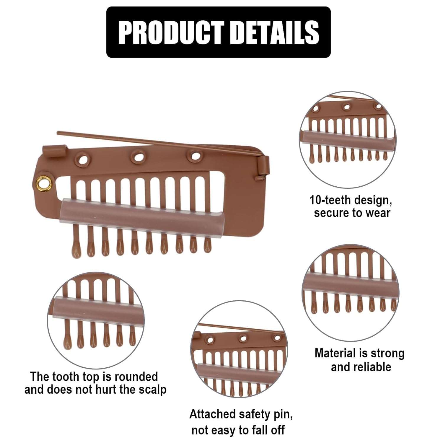 INHEAVEN 9 pcs Wig Clip with Safety Pins, 10-Teeth Hair Extension Snap Clips Invisible Strong Wig Combs to Secure Wig No Sew Chunni Grip Dupatta Clips (BROWN, 9) 3