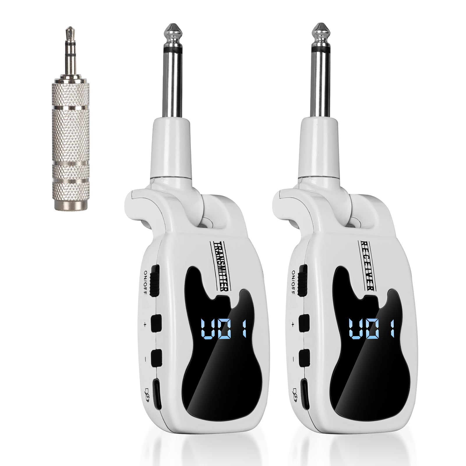 Devilclaw UHF Wireless Guitar System- 16 Channel Rechargeable Transmitter Receiver with Volume Control - Interference-Free Adapter for Bass Instruments(White)