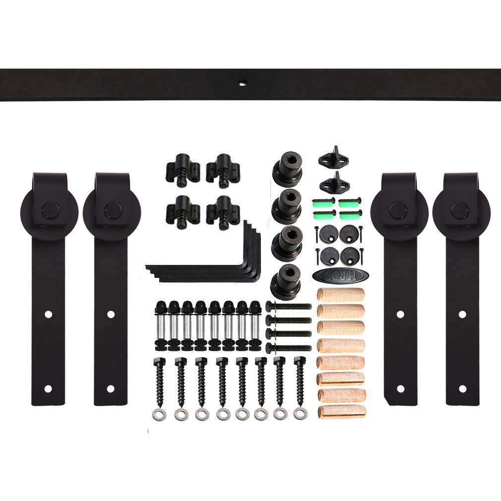 Ceiling Mount Barn Door Hardware Kit 6ft, CCJH Sliding Track for Kitchen Cabinet Black, Fit 18" Wide Double Door Panels [J Shape Hanger] 3