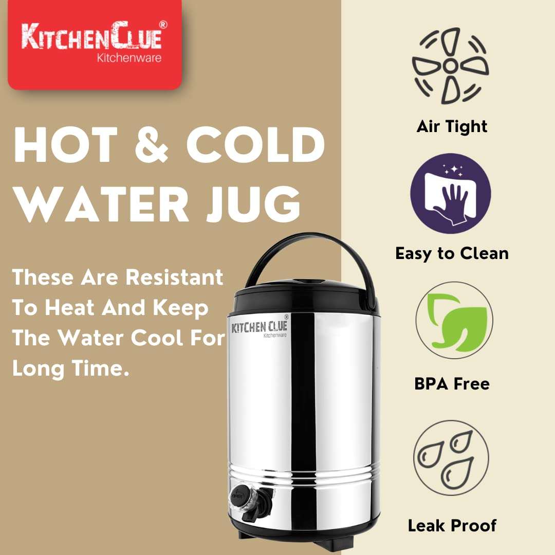 KITCHEN CLUE Stainless Steel Thermos/Water Container With Tap (10 Liter) Cool Drinking Water Dispenser For Office Home KitchenI PU Insulated Water Jug I Easy to Carry Handle I Easy to Clean & Maintain 4