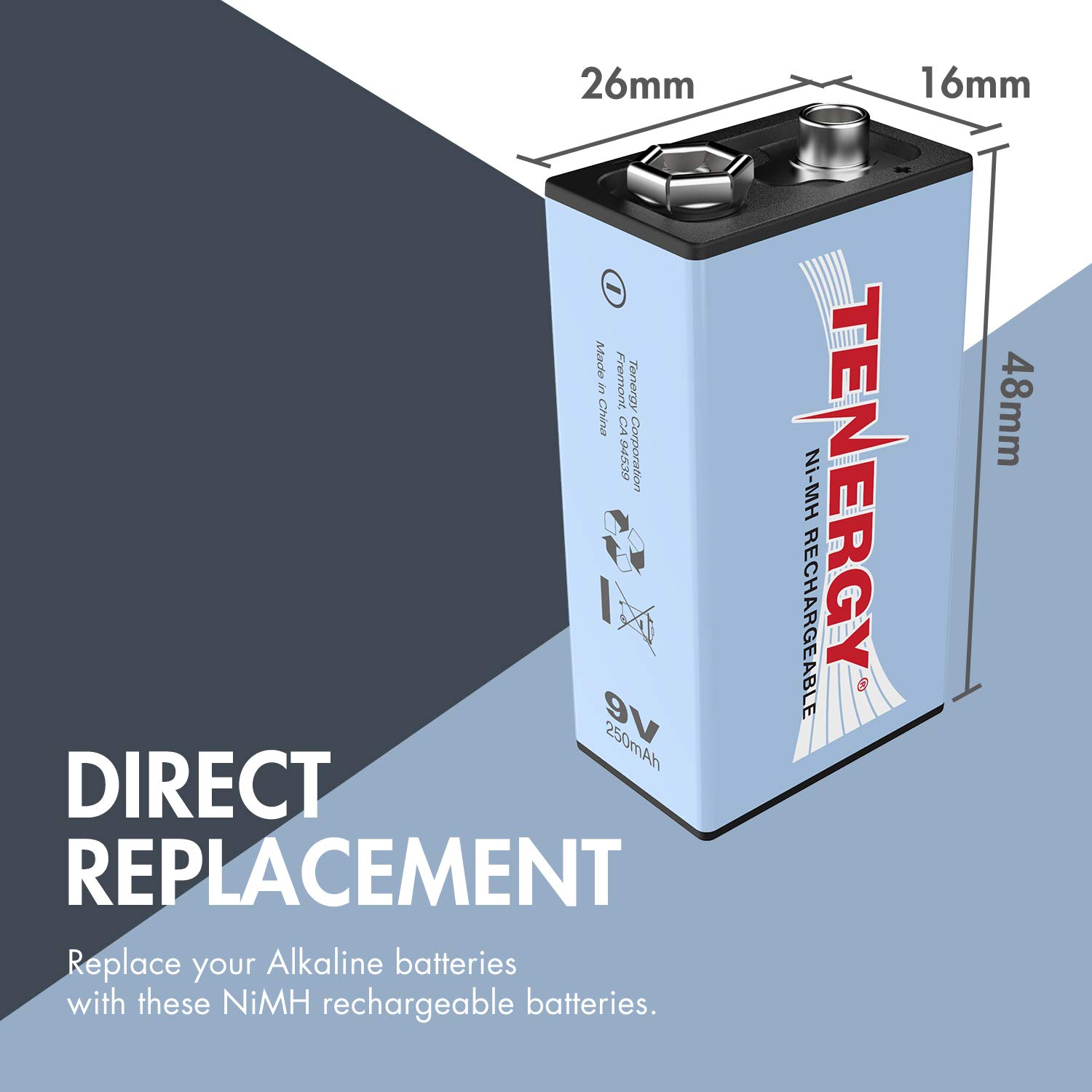 Tenergy 9V NiMH Battery, High Capacity 250mAh Rechargeable 9 Volt Batteries for Smoke Detector/Alarms, TENS Unit, Metal Detector, and More (4 Pack) 4