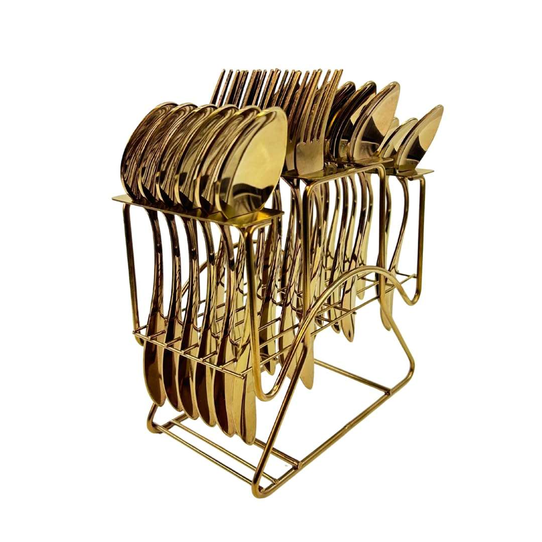 Italica Rose Gold Stainless Steel Cutlery Set of 24+1 Pieces with Stand | Rose Golden Polished Dining Table Premium Cutlery Set, Home & Kitchen with Gift Box | Elegant Kitchen & Home Dining Set. 3