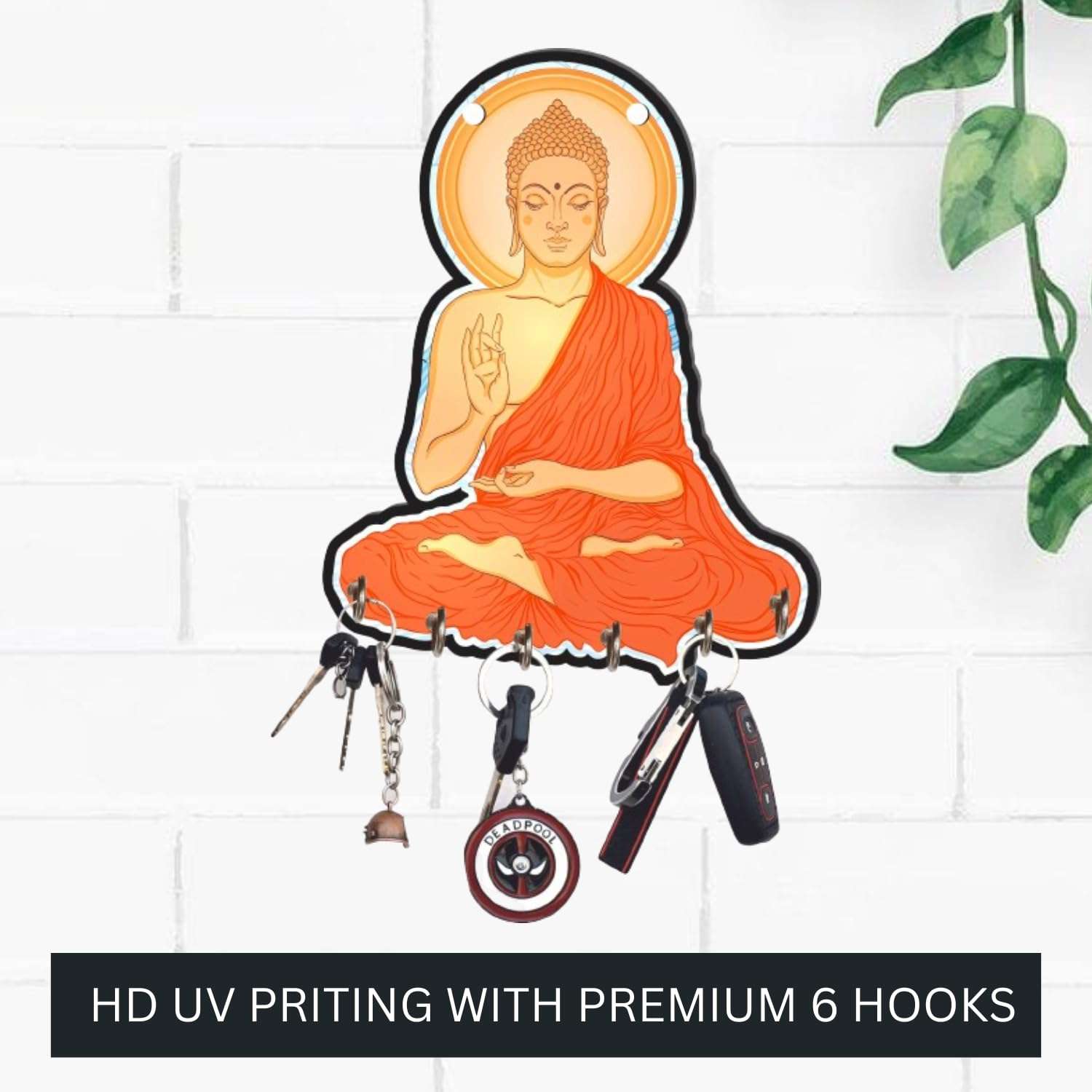 Webelkart Premium Sitting Meditating Gautam Buddha Printed Wooden Key Holder for Home and Office Decor, Keychain Holder for Home- Home Decor Items for Wall (Multi, 9 inches) 5