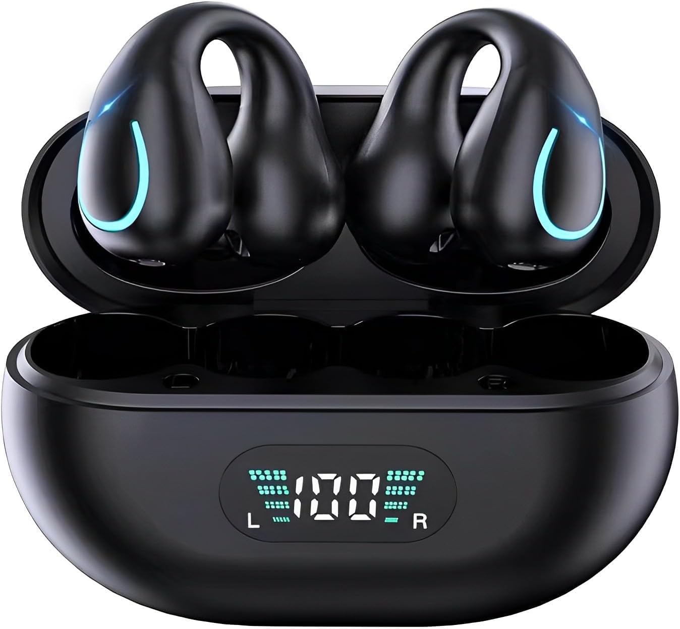 Open Ear Bone Conduction Headphones Wireless Earbuds Bluetooth 5.3 Clip On EarBuds with LED Display Charging Case 60 Hours Playtime Earphones IPX7 Waterproof for Running Walking, Workout（Black） 1