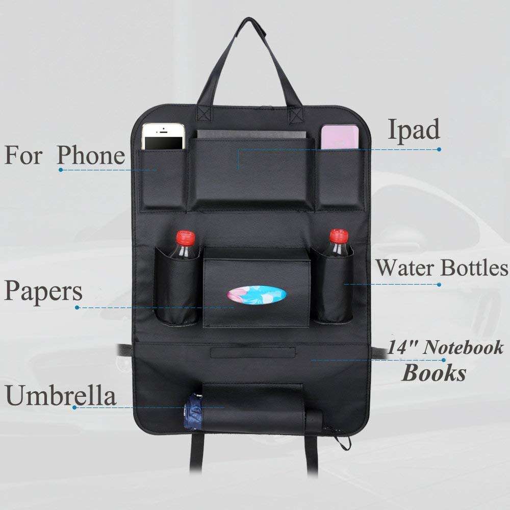 Oshotto Car Backseat Storage Organizer Phone Holder,Multi-Pocket for Bottles, Tissue Boxes,Kids Toy Storage and Great Travel Accessory Compatible with Honda Brio (Black) 4