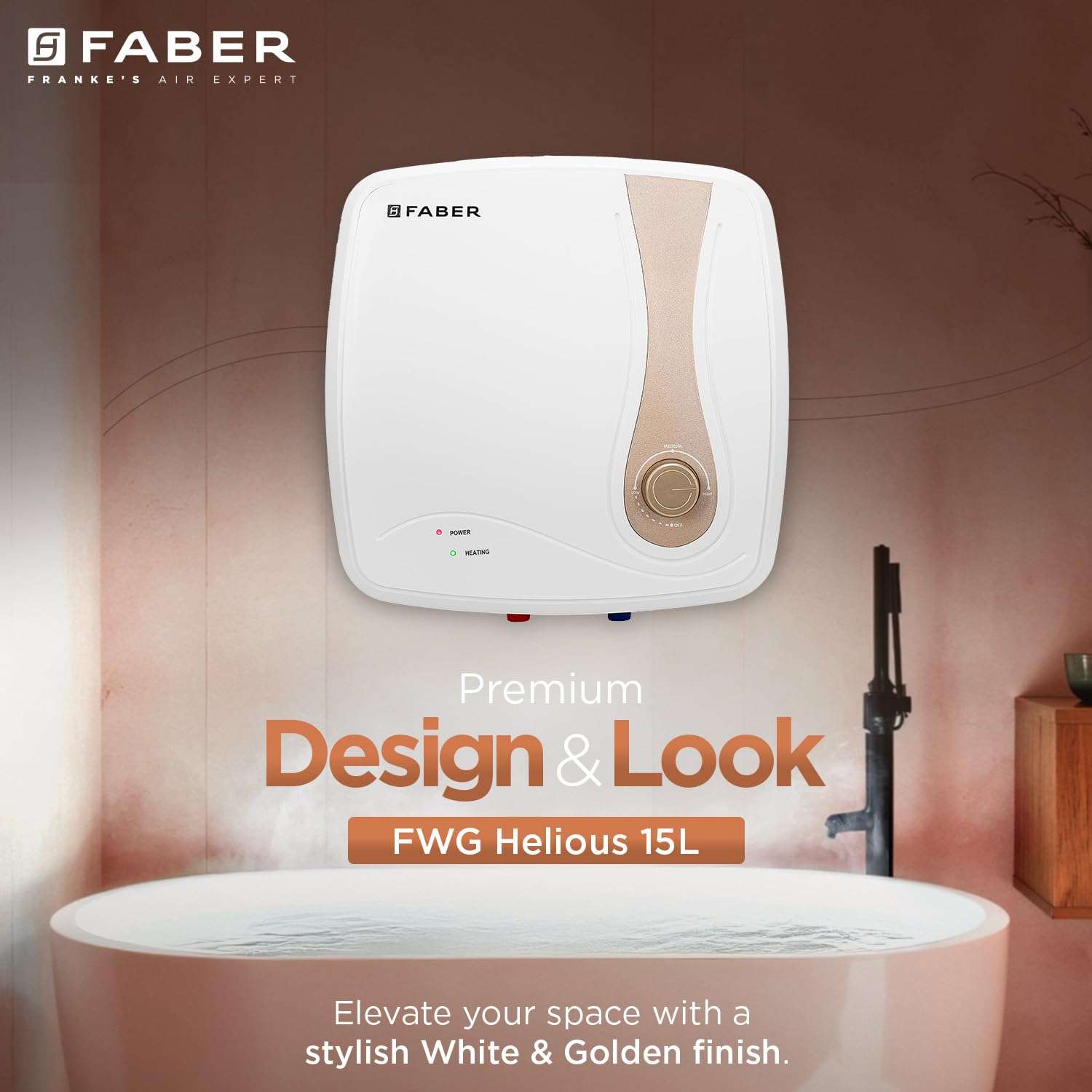 Faber Helios 15L Storage Water Heater | 5★ BEE | Auto Cutout | Warranty:5Y Tank,2Y Element & Product|8 Bar| Glassline Coating | Anti-Leak | PP Body | 2000W (15L) 3