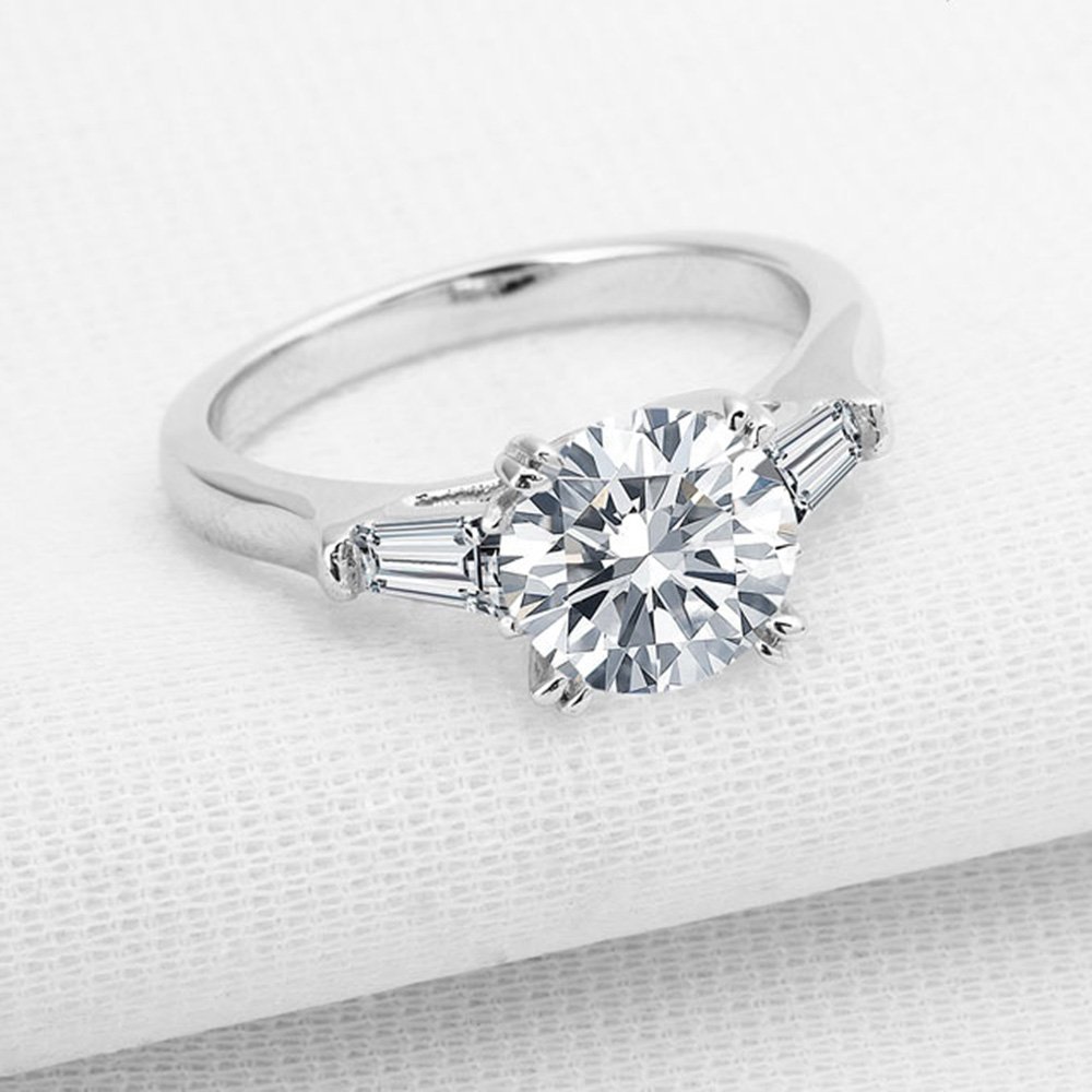espere Sterling Silver 2 Carat CZ Baguette Round Solitaire Engagement Ring Bridal Wedding Jewelry (4) 6