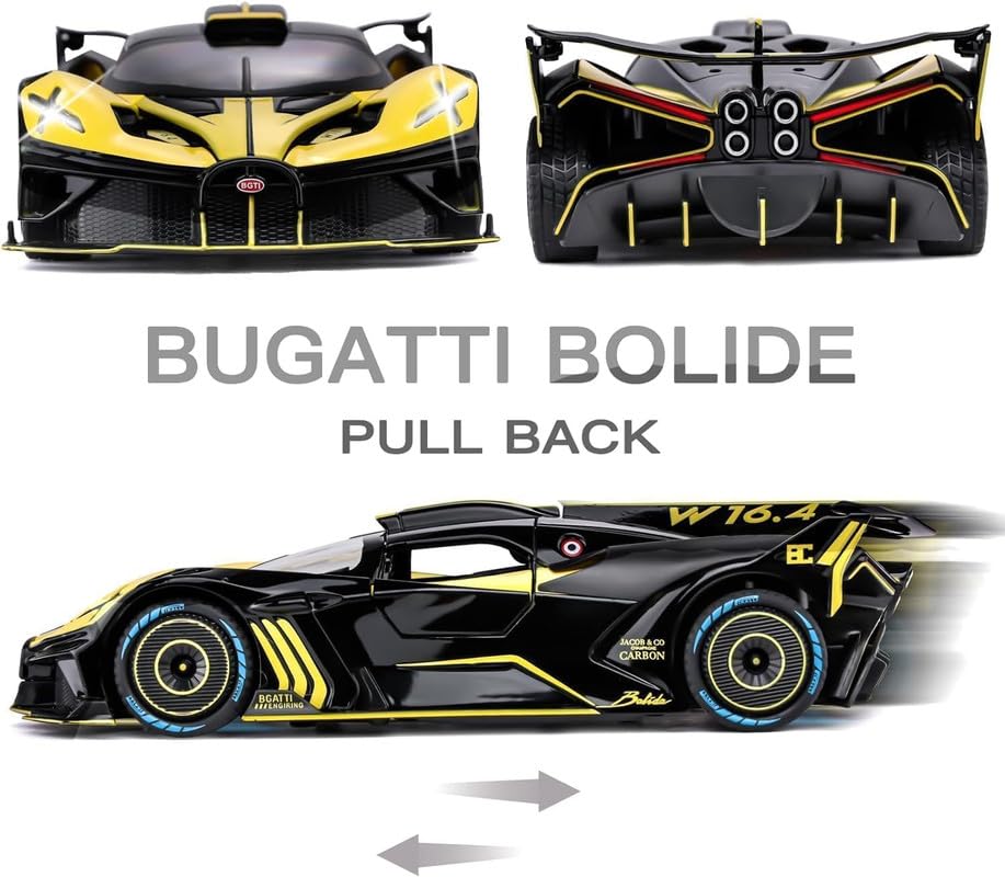 RJKD New 1:24 Bugatti Bolide Alloy Die-Cast Metal Car Pull-Back Action with Openable Doors Realistic Sound and Light Effects Car for Kids - Yellow 5
