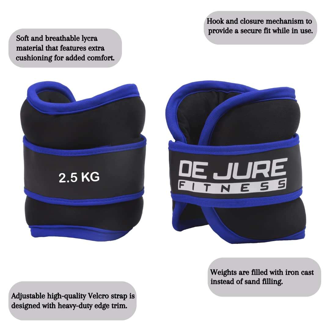 DE JURE FITNESS Ankle & Wrist Weight Set, Adjustable Strap, 2.5KG Pair (2.5Kg x 2 = 5kg) (P) (Blue Black) 4