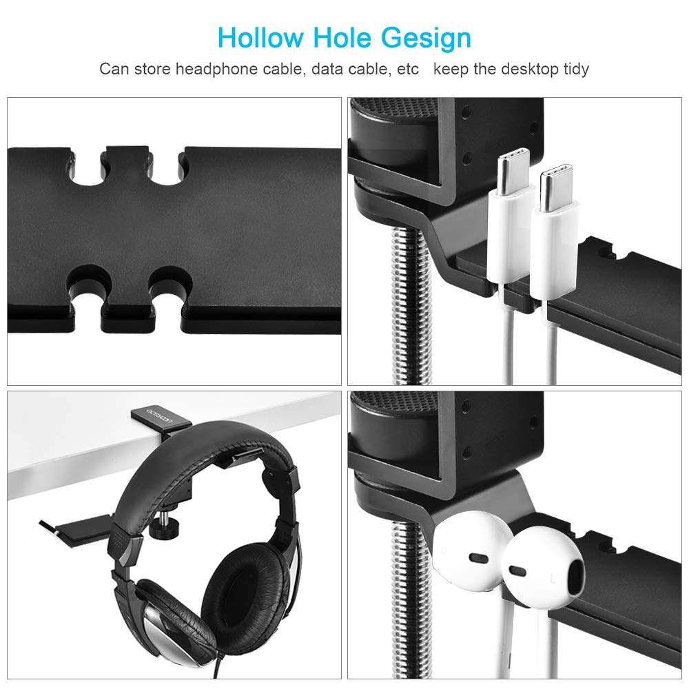 aceyoon Dual Headphone Hanger Holder Clamp Hook,360 Degree Rotating Headset Stand with Cable Organizer Under Desk,Aluminum Black Universal for Hanging Bag PC Gaming Accessories 2