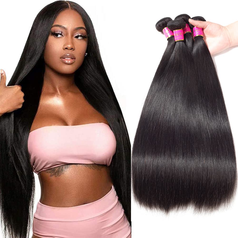 Straight Human Hair Bundles Brazilian Virgin Hair 100% Human Hair 3 Bundles (16''18''18'')10A Remy Hair Bundles Natural Colour Unprocessed Weave Bundles Human Hair Straight Hair Extensions 1