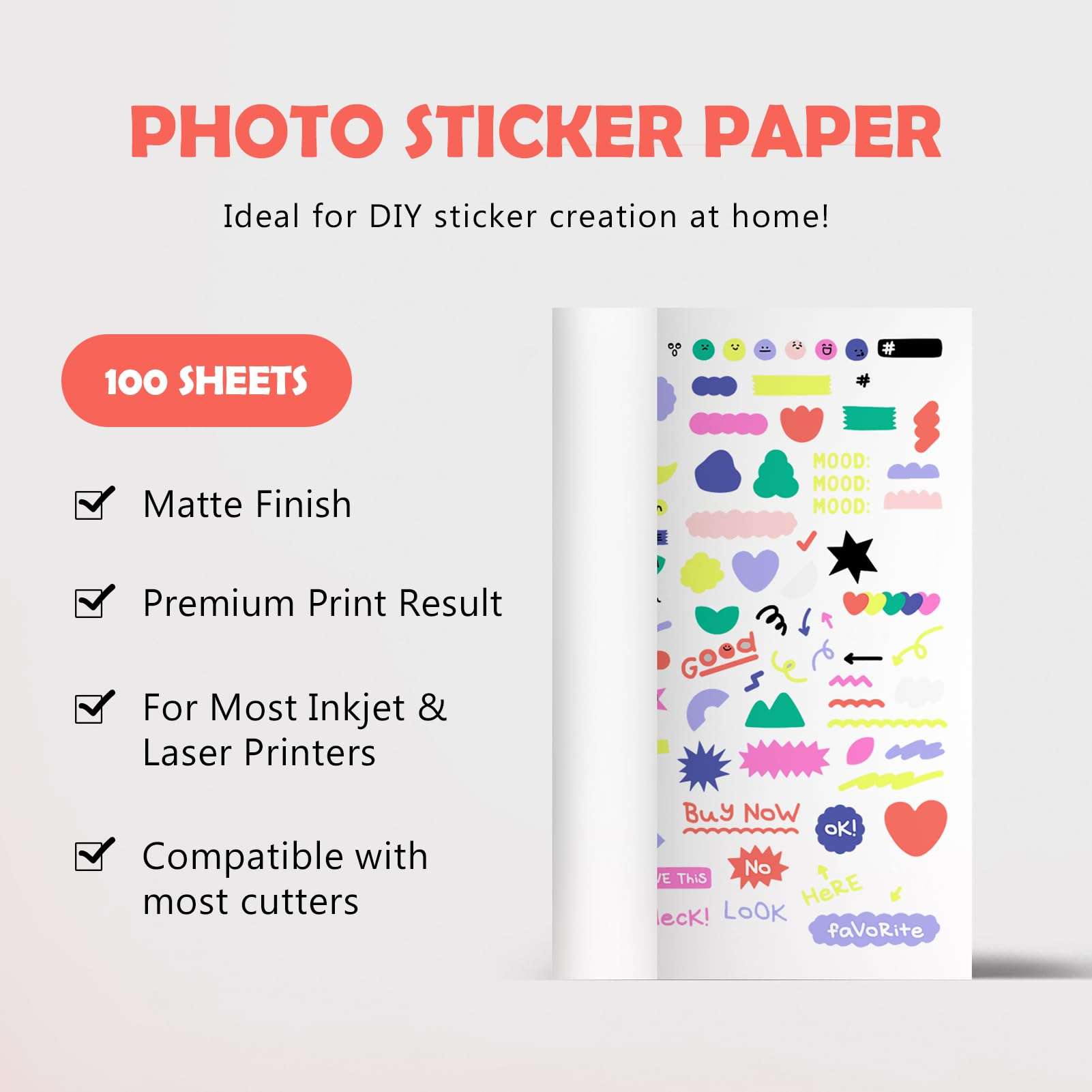 FANTAC Matte Sticker Paper for Inkjet & Laser Printer, Printable Photo Sticker Paper, 100 Sheets 8.5x11 In Self-Adhesive Photo Paper for Scrapbooking, Brand Logo, Party Decor Stickers 3