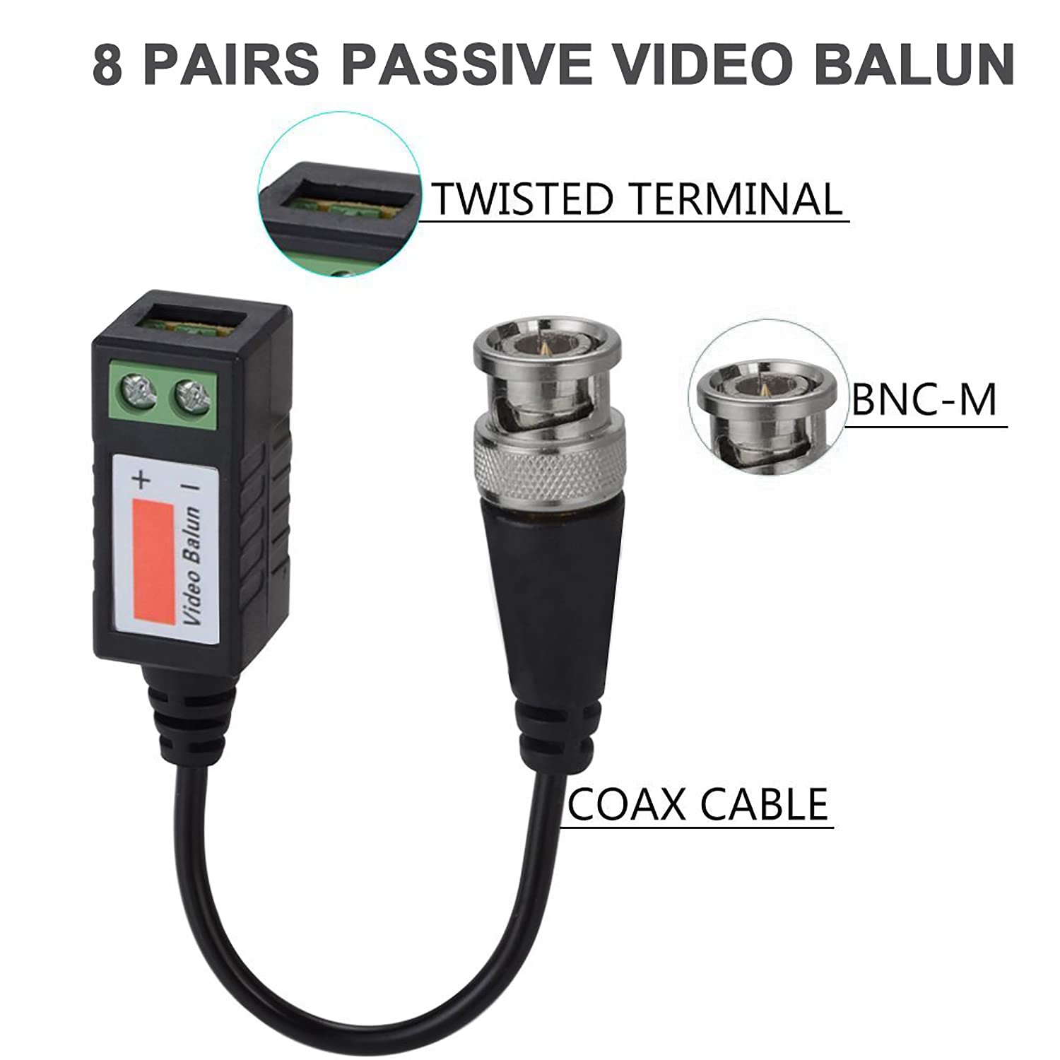 Passive Video Balun Connectors 8 Pairs Cat5 HD Mini CCTV BNC Video Balun Transceiver Cable with Lighting Protection and Coax BNC Connector to RJ45 Terminal for CCTV Surveillance Camera Systems 6