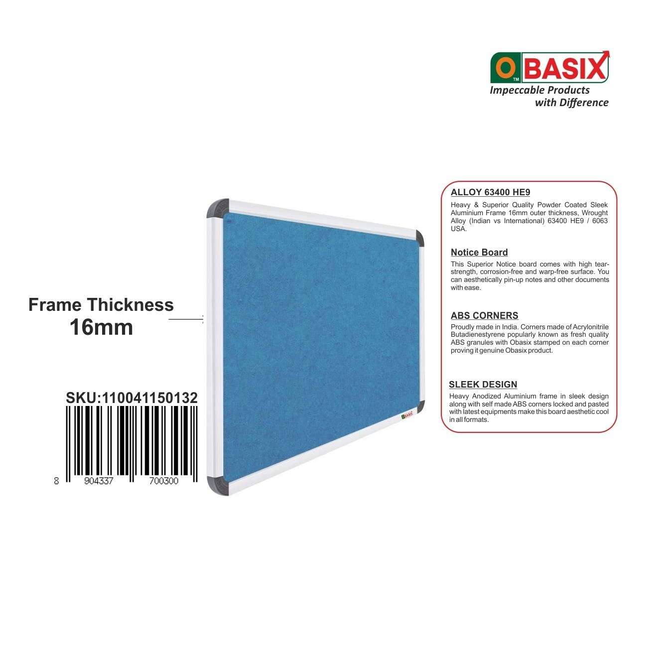 OBASIX Pin-up Bulletin Notice Board (1x2 feet) for School College Office|Superior Series Pin Up Board with 20 Push-pins|Natural Finesse Heavy Aluminium Frame-Turquoise Blue 6