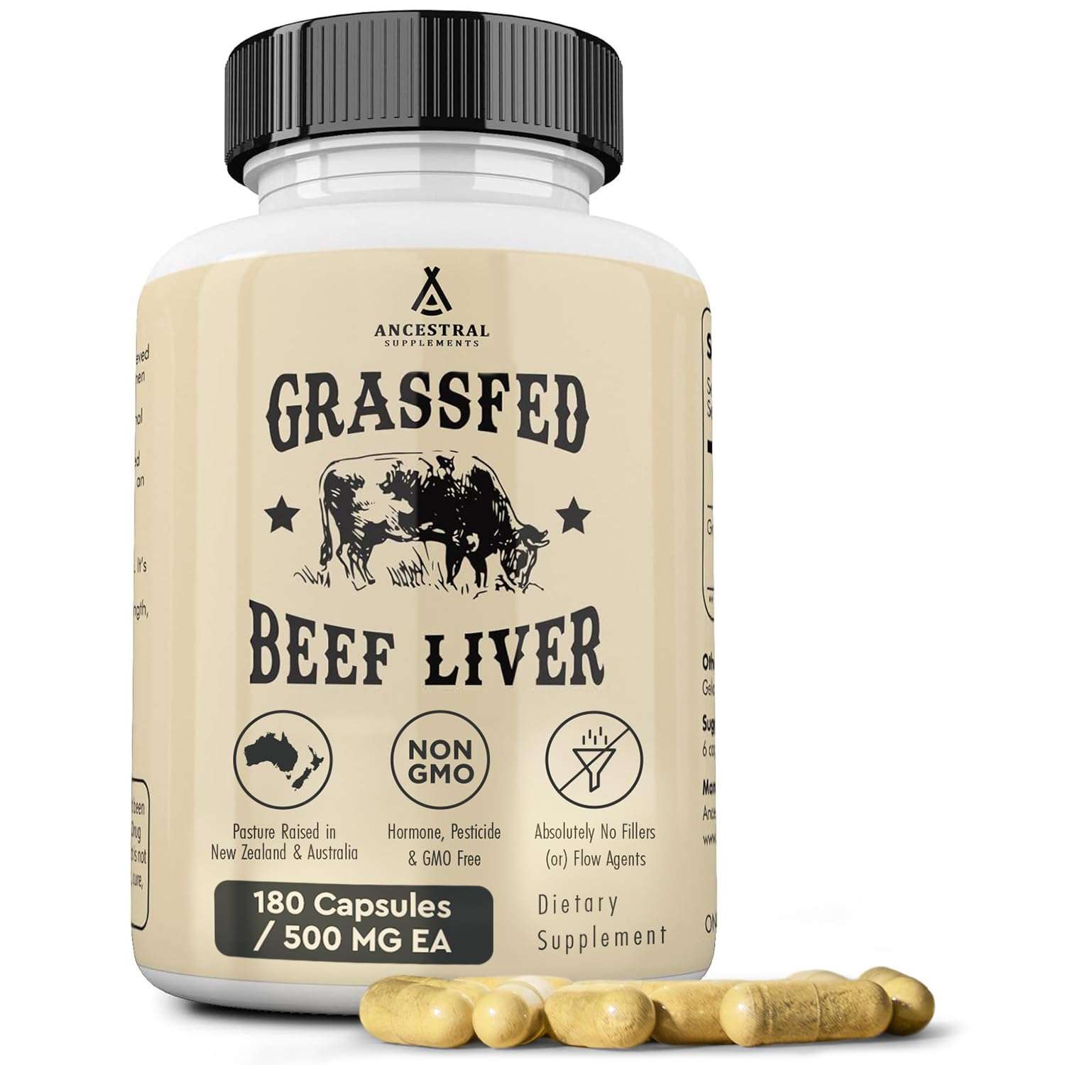 Ancestral Supplements Grass Fed Beef Liver 180 Capsules, Supports Energy Production, Detoxification, Digestion, Immunity and Full Body Wellness, Non-GMO, Freeze Dried Liver Health Supplement 1