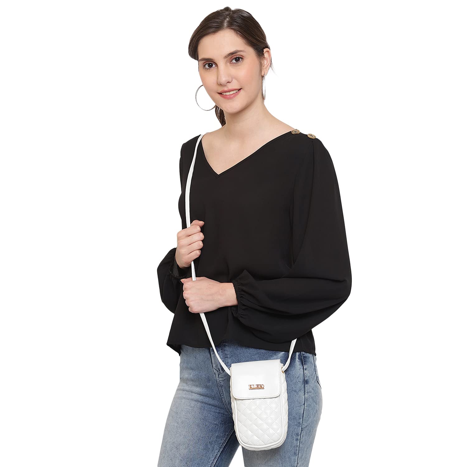 KLEIO Women's Small Quilted Cross-body Mobile Sling Bag Pouch (HO8023KL-WH)(White) 3