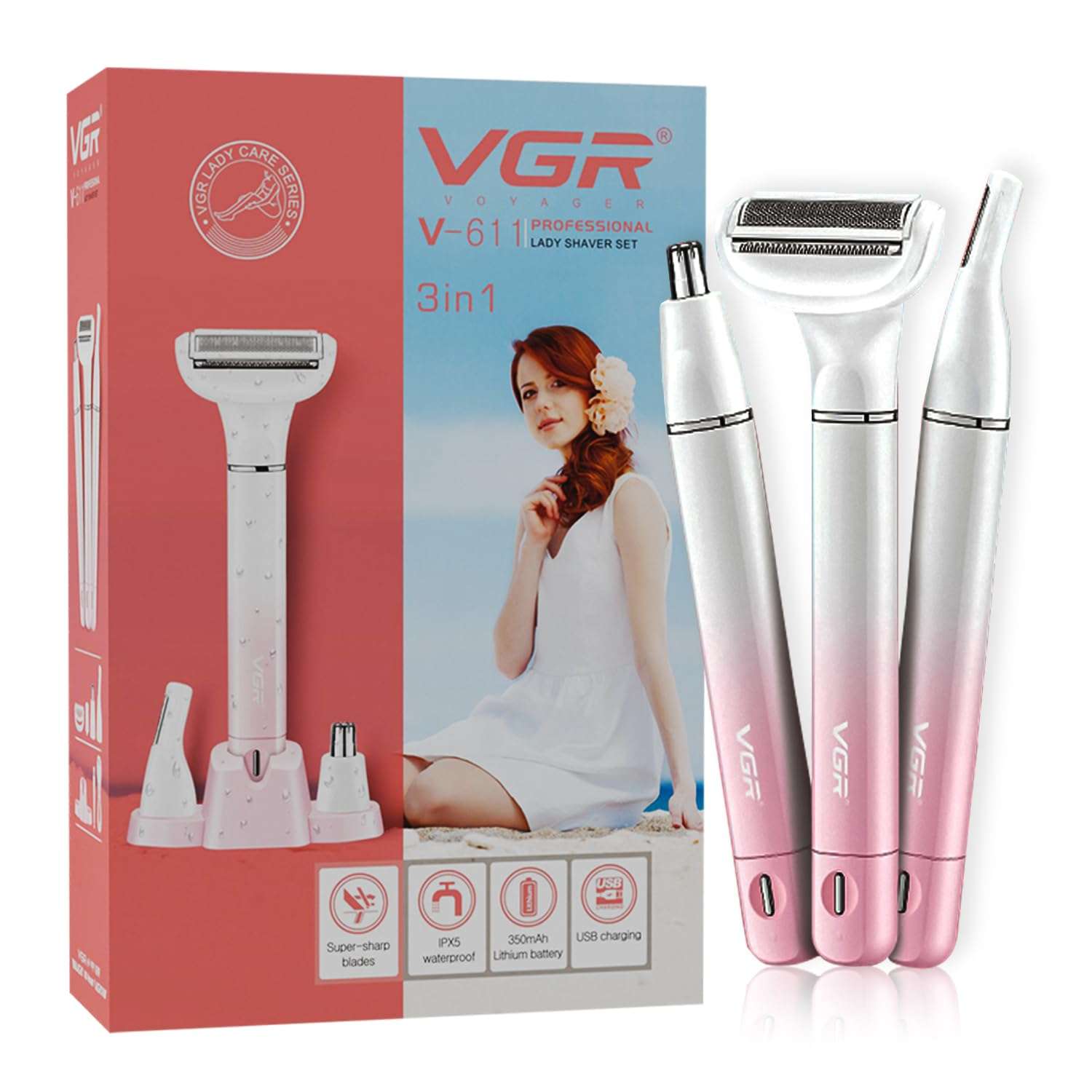 VGR Bikini Trimmer for Women | Safe & Gentle Grooming for Bikini, Underarm, Face & Body | Eyebrow & Nose Trimmer Attachments | IPX5 Waterproof | 60min Runtime | Type-C Charging (V-611) 1