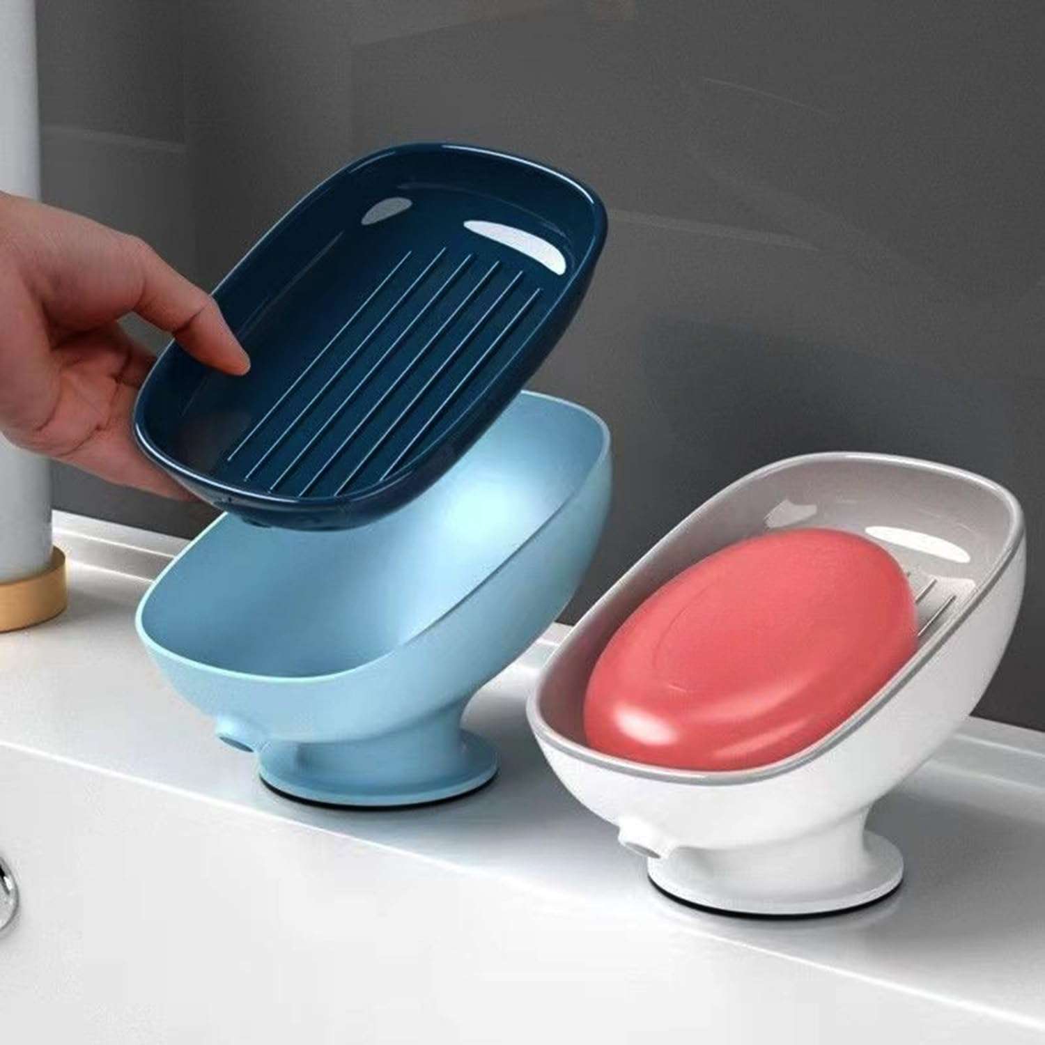 HEXONIQ® Plastic Soap Dish Holder with Suction Cup, Self Draining, for Shower, Bathroom, Tub, Kitchen Sink (1, White) 3