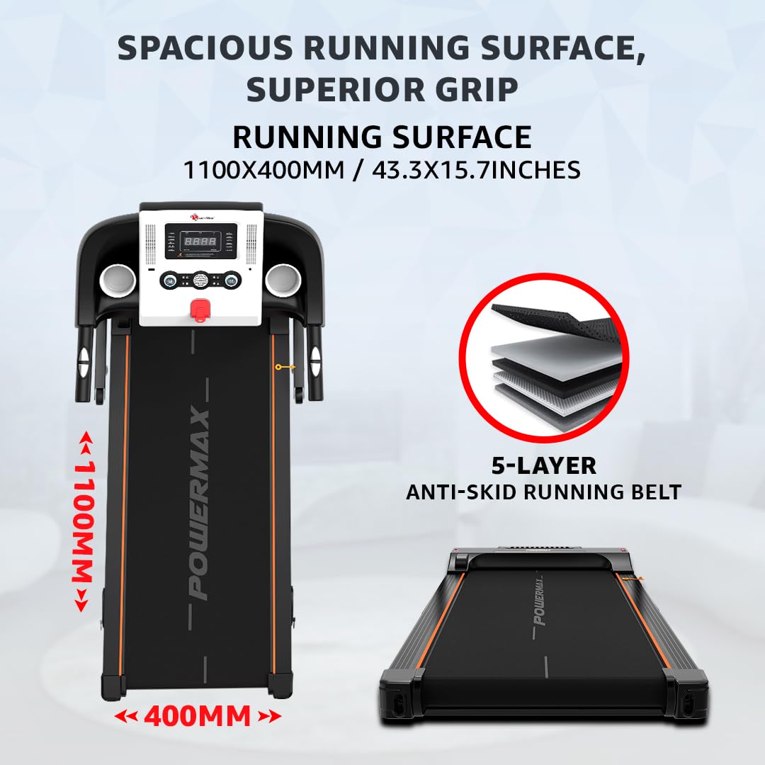 PowerMax Fitness TDM-98 (4.0HP Peak) Foldable Motorized Treadmill for Home 100 kg Weight, Max Speed-10kmph, Preset Programs, HR Sensors, AUX with Volume +/- keys for Inbuilt Speaker, USB, LED Display 6