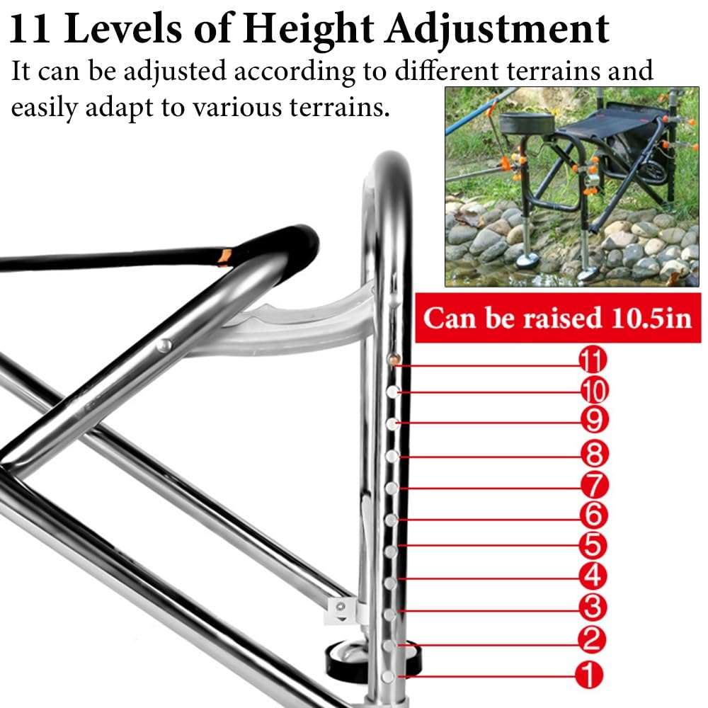 GLGGXBF Fishing Chair with Rod Holder, Folding Ice Fishing Chair, Multi-Functional Stainless Steel Fishing Stool, Height Retractable 10.5 Inch, Backrest Adjustable 180°, with Portable Storage Bag 6