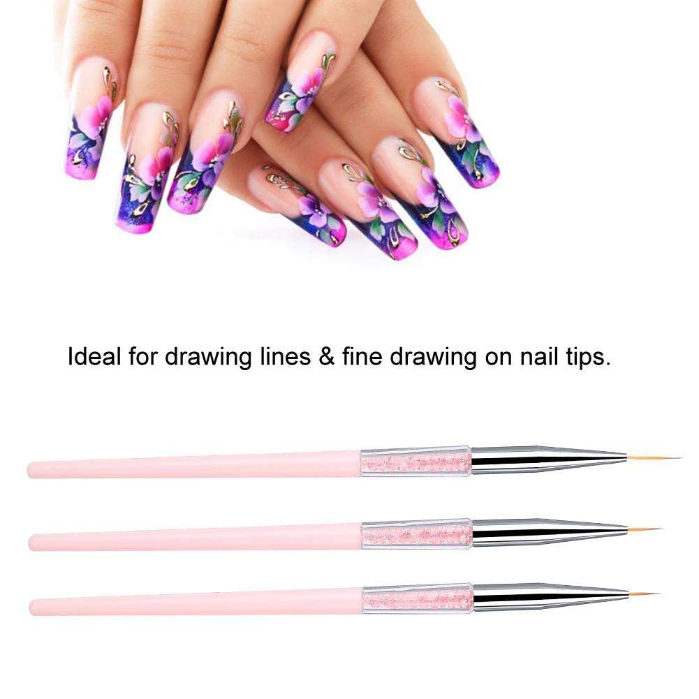 HURRISE Nail Art Liner Brushes, 3pcs Nail Art Pen Nail Art Dotting Liner Brush UV Gel Painting Pen Drawing Tool Set Rhinestone Handle(Pink) 5