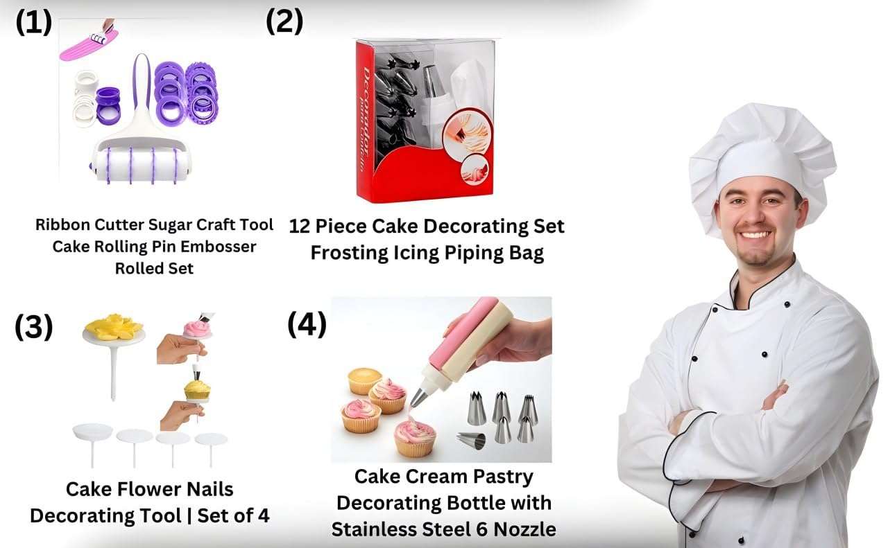 Breewell Cake Flower Nails, Ribbon Cutter, Cake Cream Pastry Decorating Bottle with Stainless Steel Nozzle 4 Combo Set 5